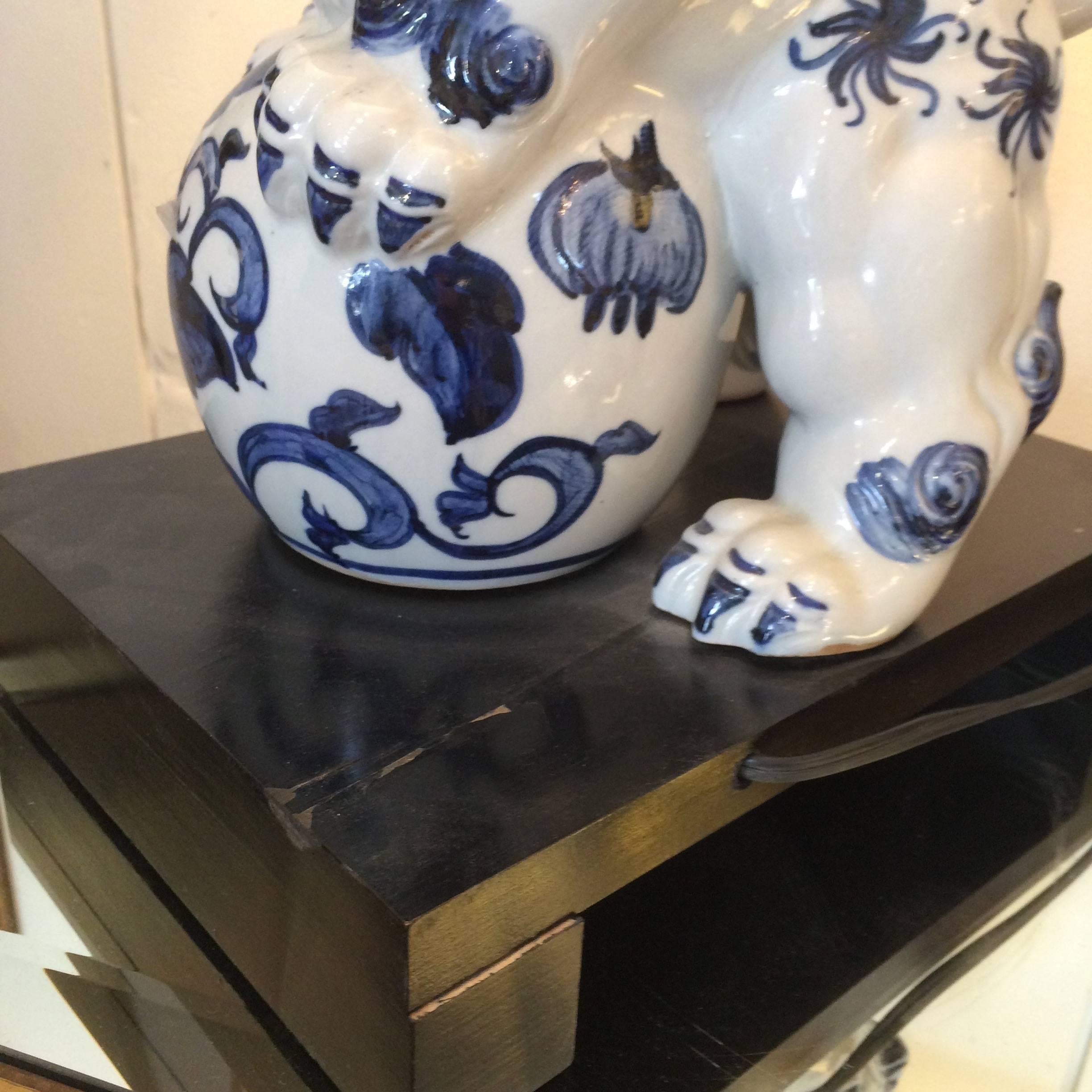 Chinese Pair of Blue and White Foo Dog Lamps