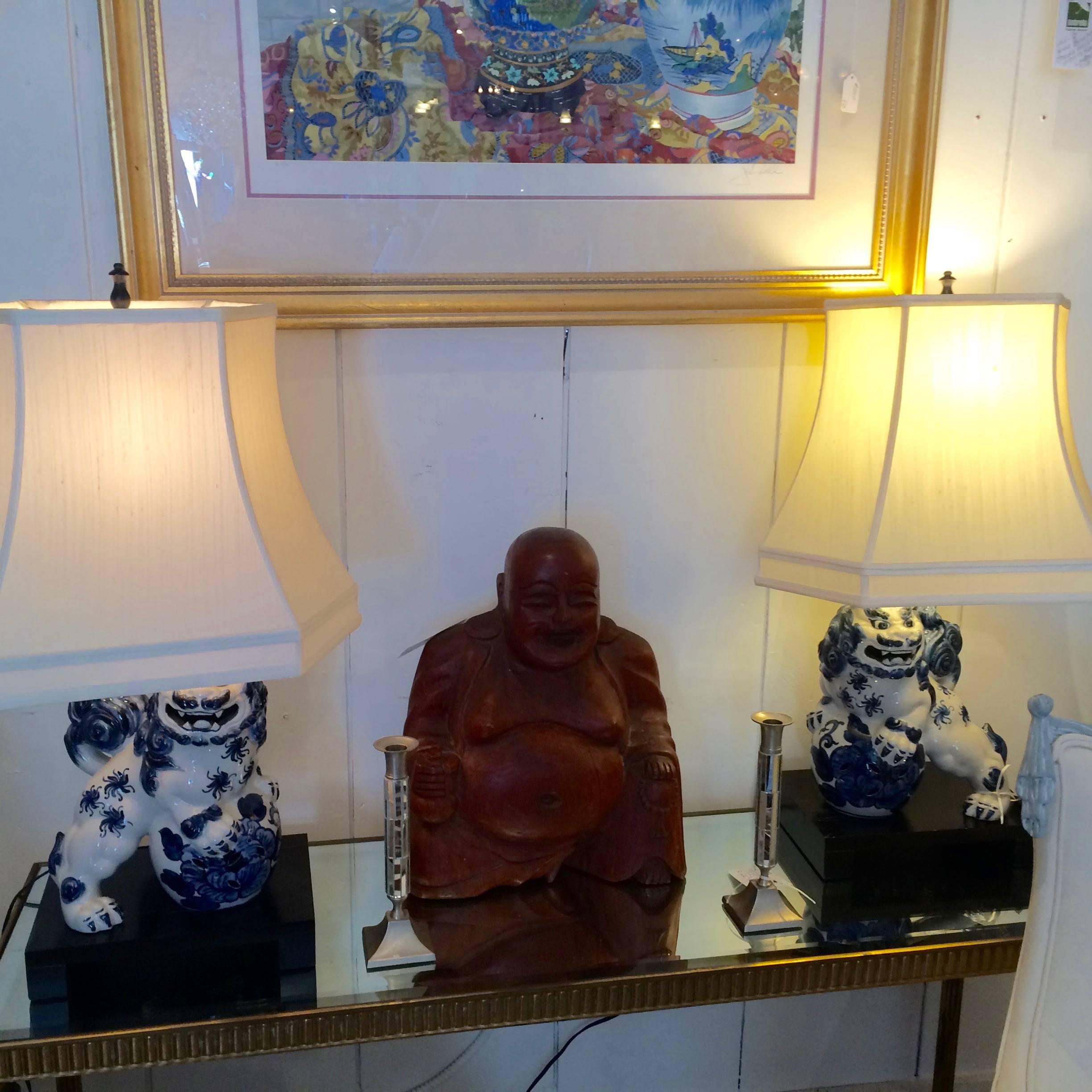 Pair of Blue and White Foo Dog Lamps 2