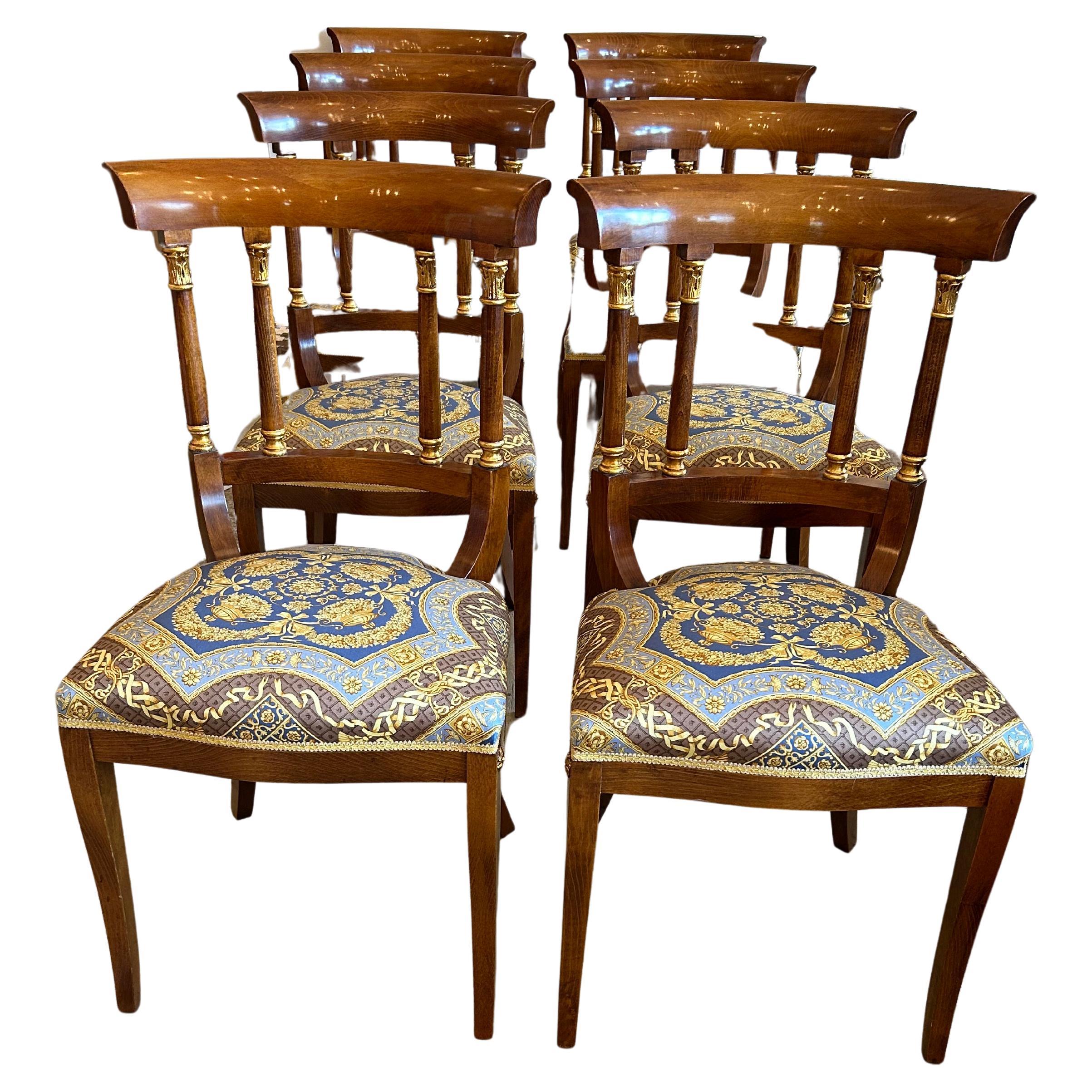 Opulent Set of 8 Empire Style Dining Chairs with Versace Upholstery