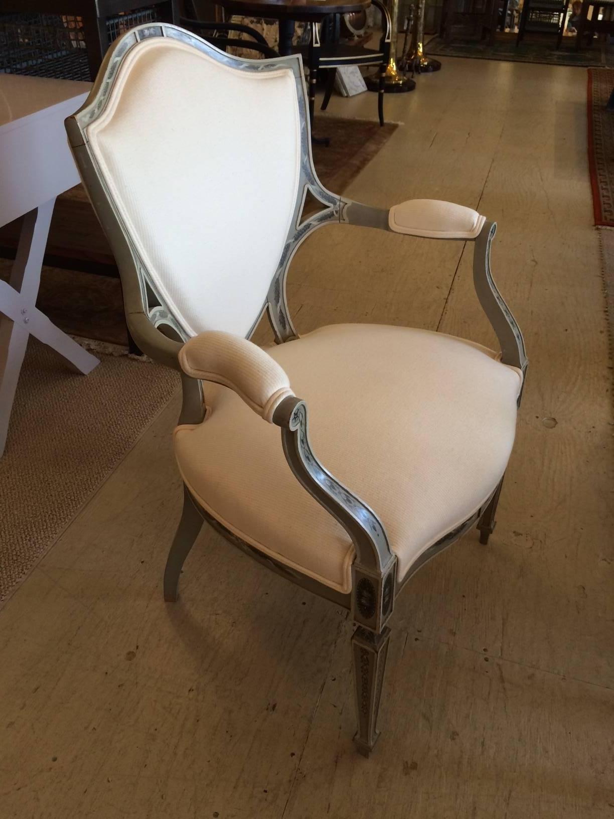 Hand-painted Adam style occasional or desk chair in white upholstery. The wood is a Gustavian grey with pretty black embellishments in meticulous detail. Beautiful from every angle. Seat depth 19.5