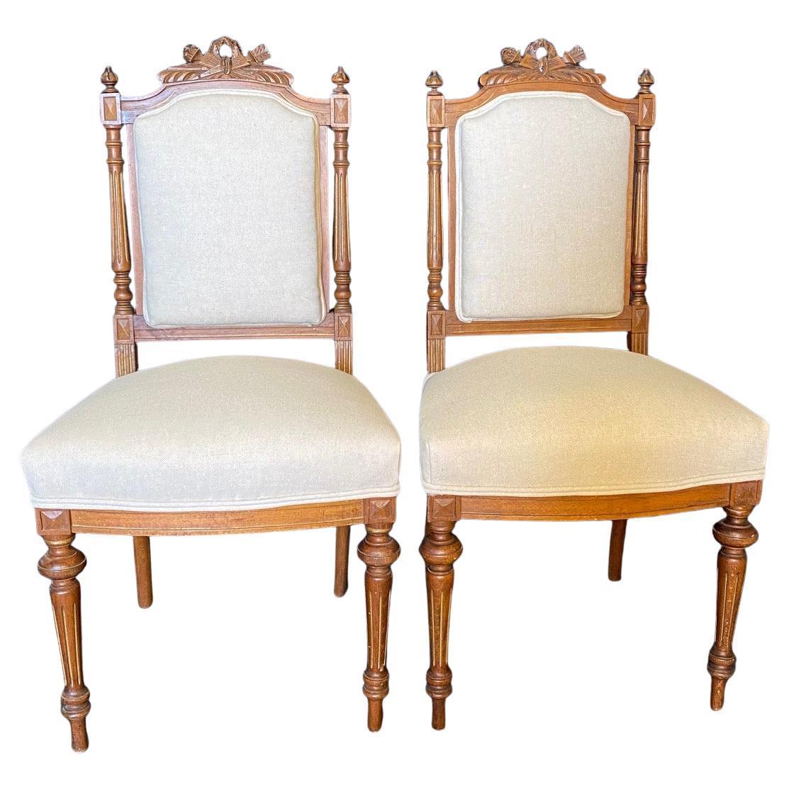 French Louis XVI Walnut Parlor Suite Set with Sofa and Two Side Chairs