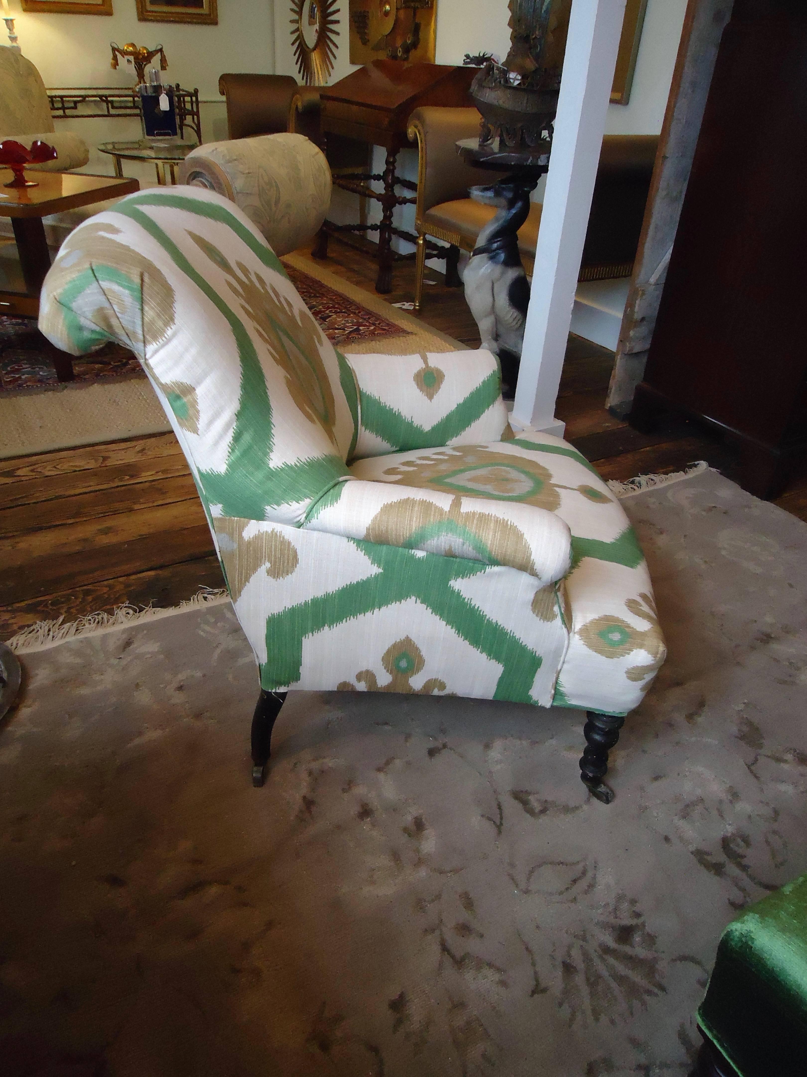 A comfy vintage upholstered club chair in an apartment size scale, newly contemporized in Thiebaut Ikat fabric. 
Measures: Seat height 14