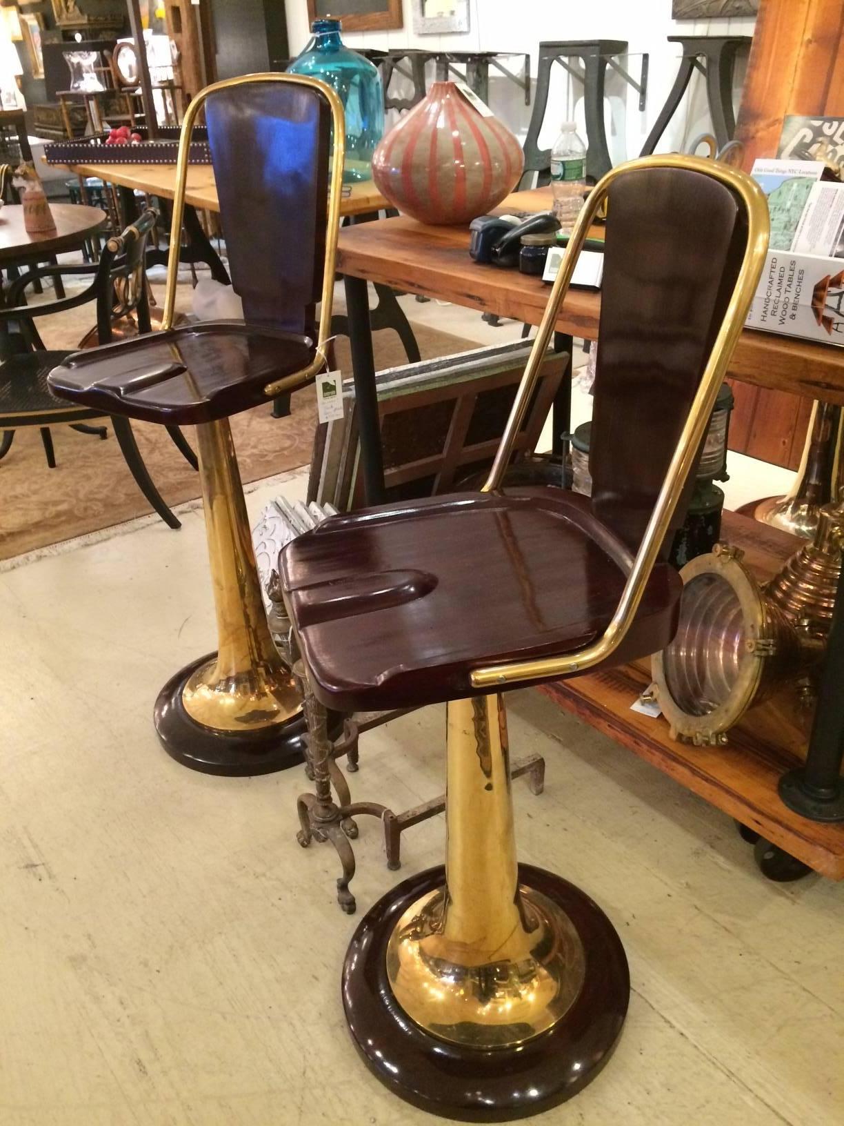 Unknown Three Art Deco Mahogany and Brass Bar or Counter Stools