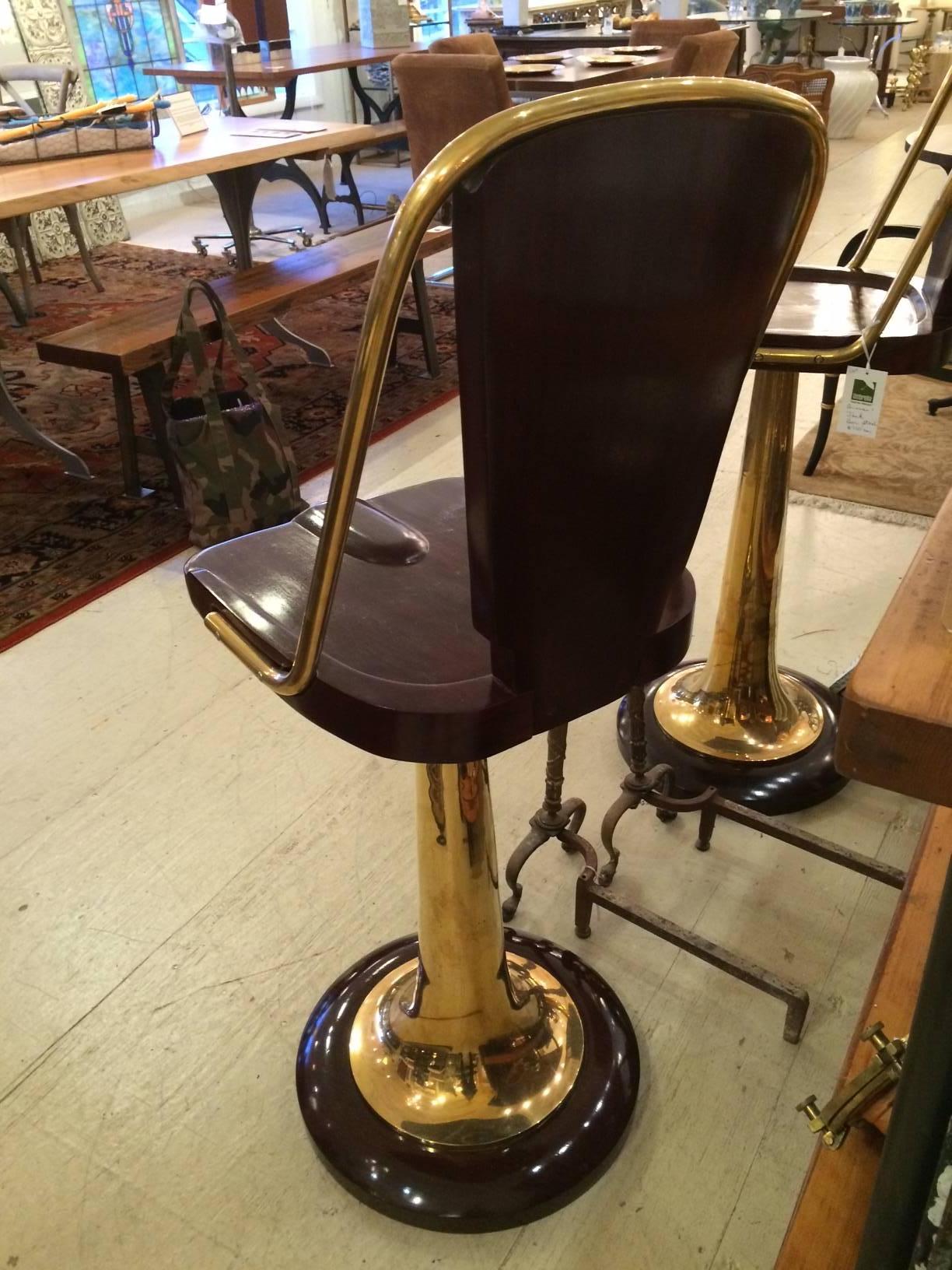 Mid-20th Century Three Art Deco Mahogany and Brass Bar or Counter Stools