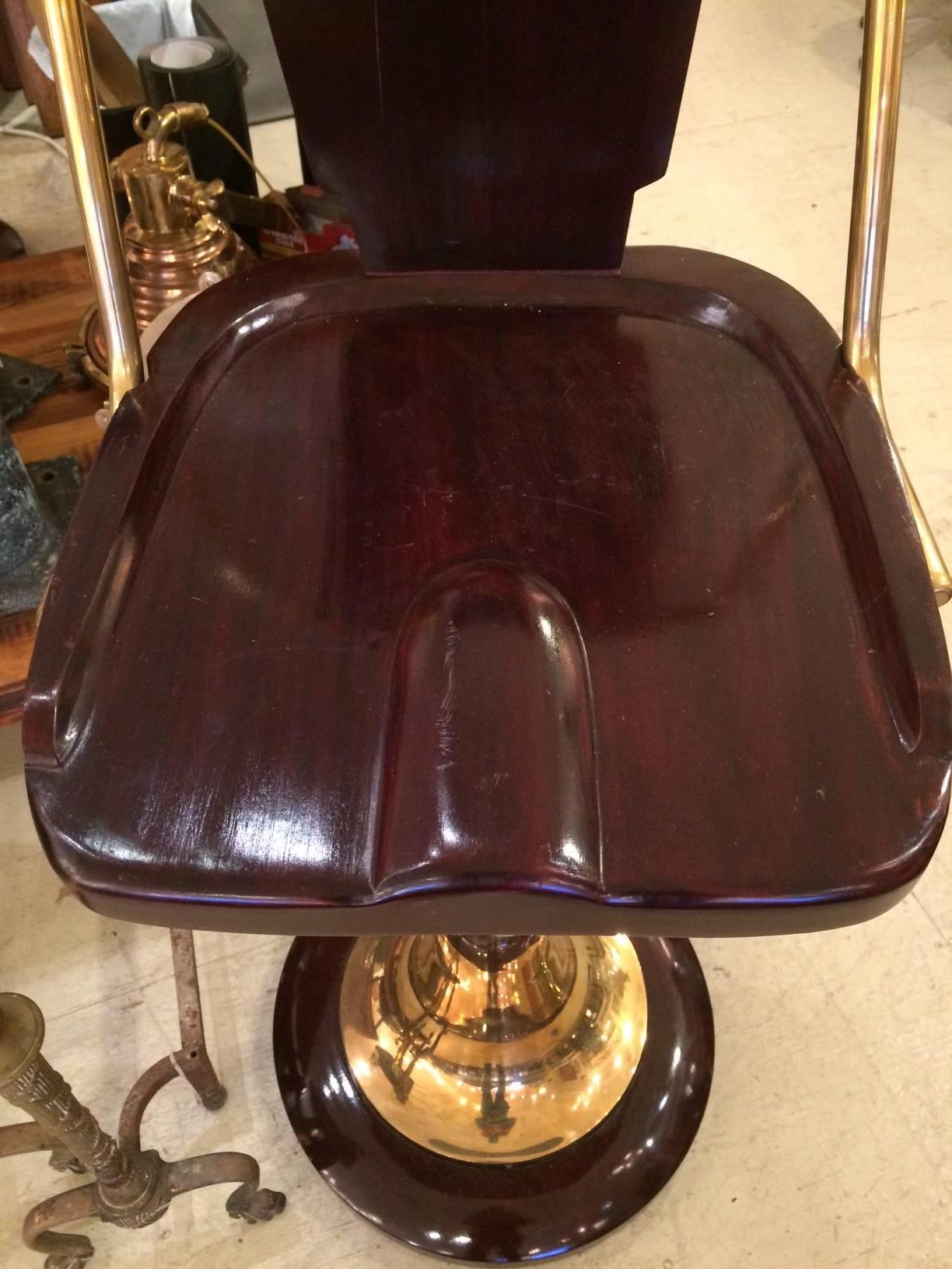 Three Art Deco Mahogany and Brass Bar or Counter Stools In Excellent Condition In Hopewell, NJ