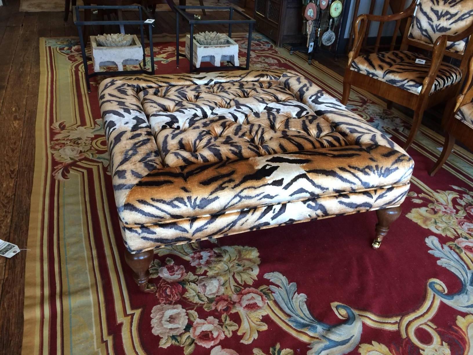Glamorous and functional large square ottoman with sumptuous pillow top and upholstered in Scalamandre faux tiger velvet, with an interior insert that when flipped is a square wooden surface to make a solid coffee table. By Charles Andrews, Delaware.