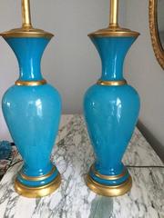 Vintage Pair of Peacock Blue Murano Lamps
