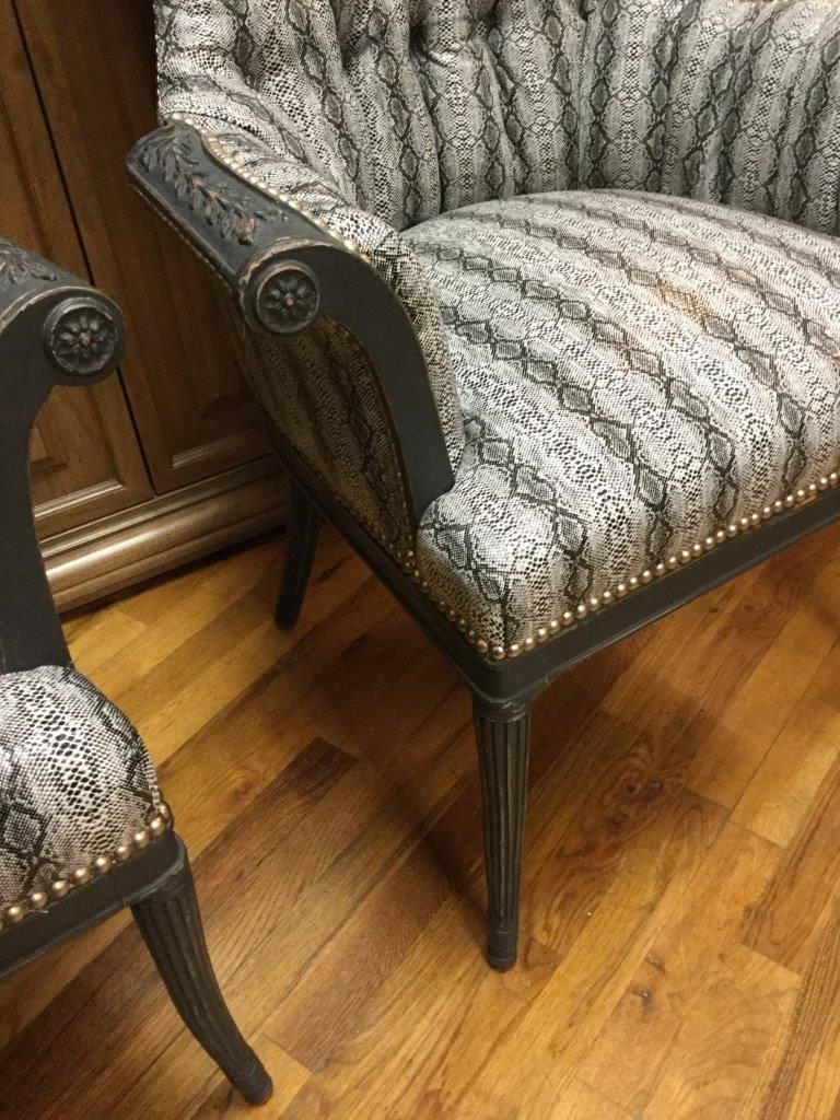 Pair of Striking Hollywood Regency Style Faux Snakeskin Armchairs In Excellent Condition In Hopewell, NJ