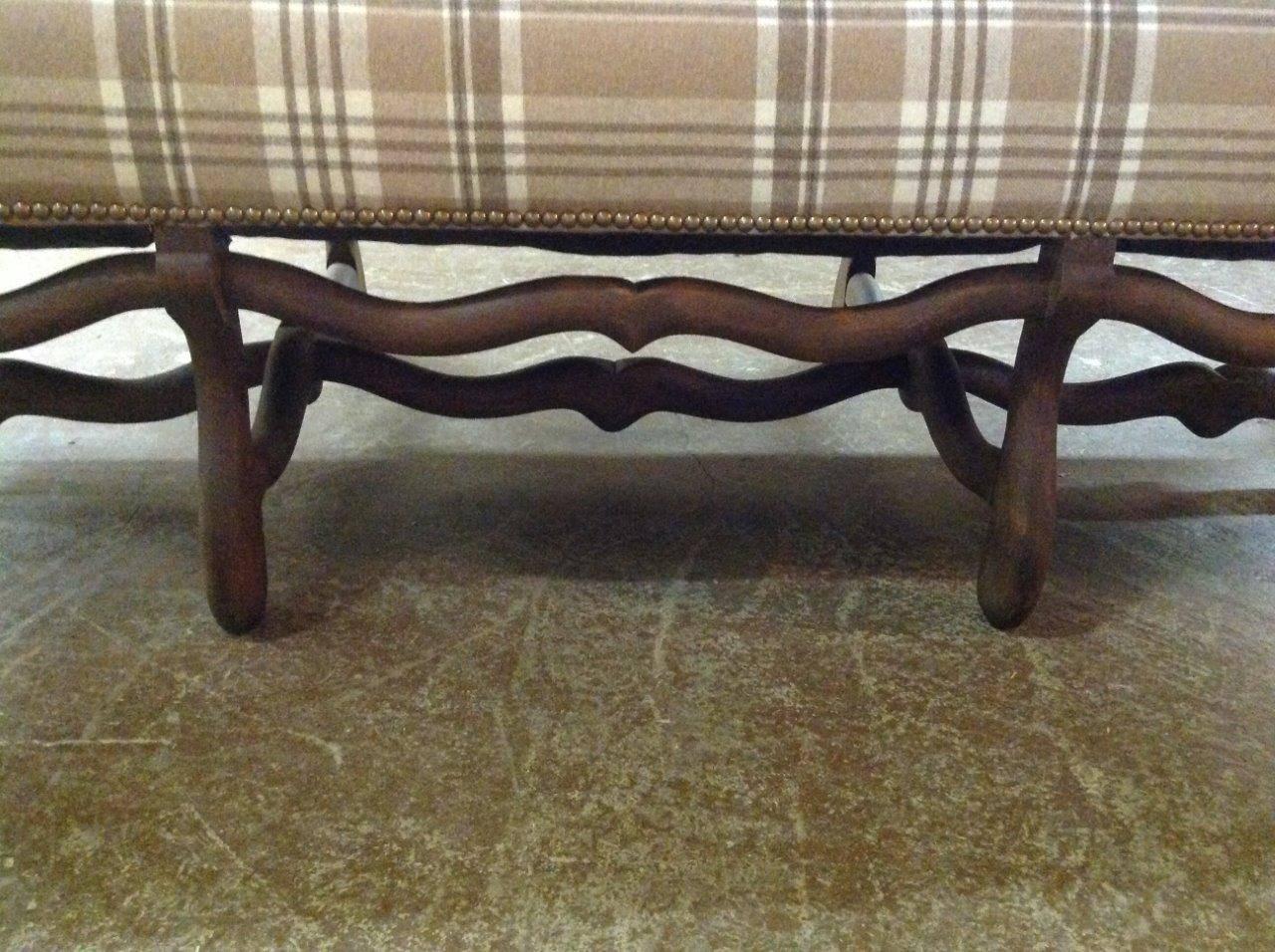 French Louis XIII style settee entirely restored and reupholstered in a Ralph Lauren 100% wool plaid. Back is upholstered in schnazzy faux ostrich leather, all finished with and brass nail-heads. Seat 21
