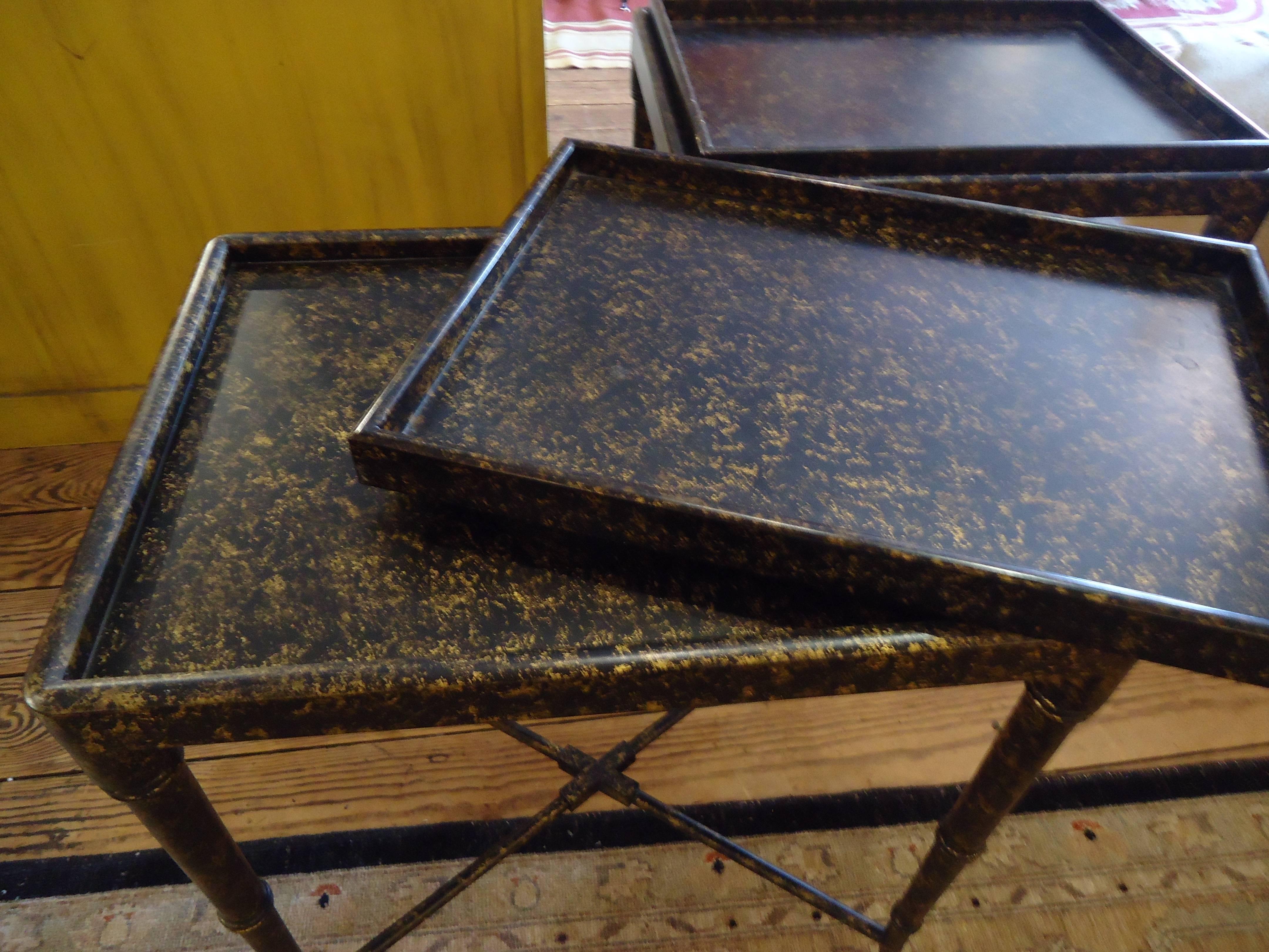 American Pair of Faux Tortoise Side Tables with Removable Tray Tops