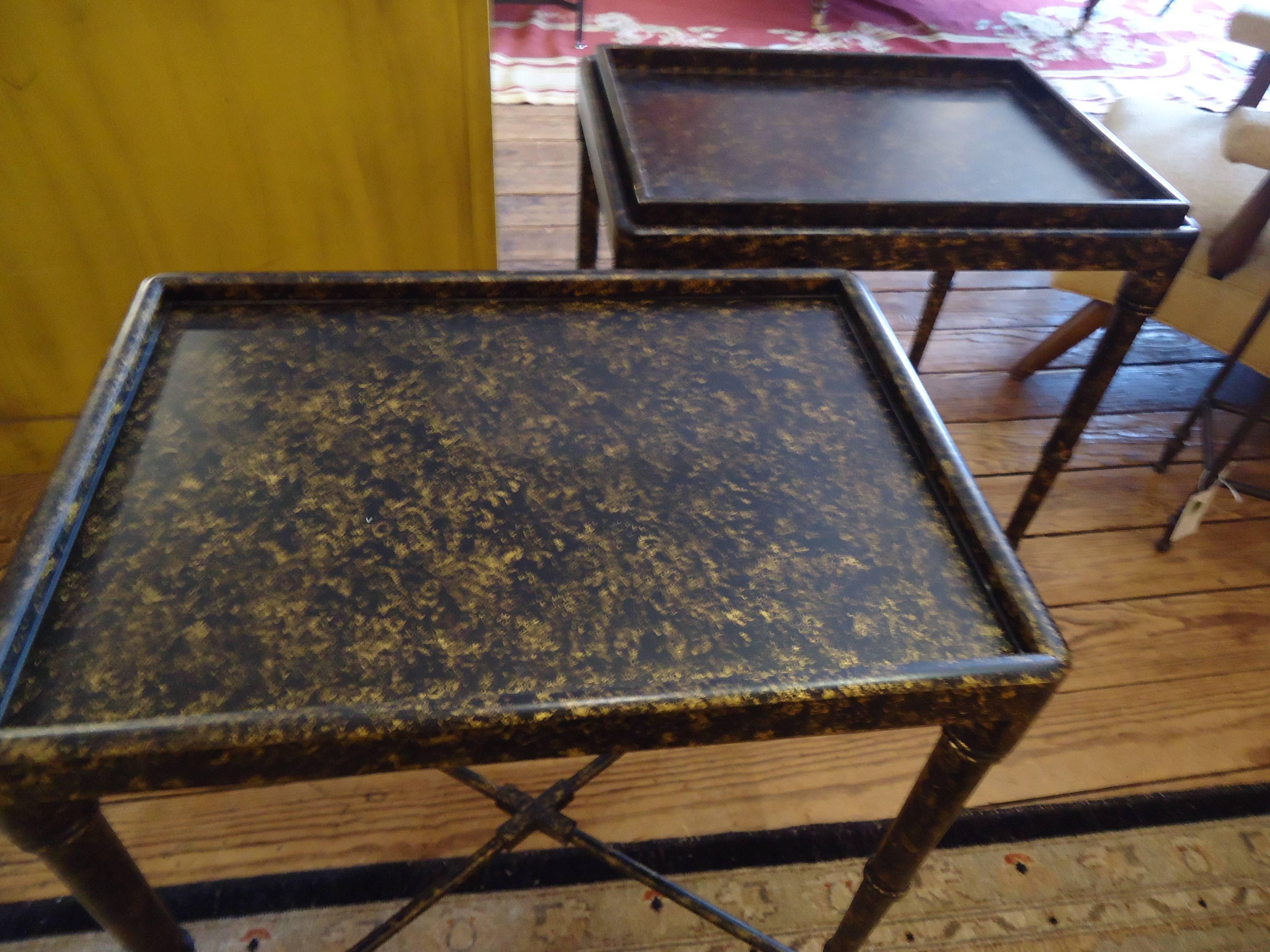 Pair of Faux Tortoise Side Tables with Removable Tray Tops In Excellent Condition In Hopewell, NJ