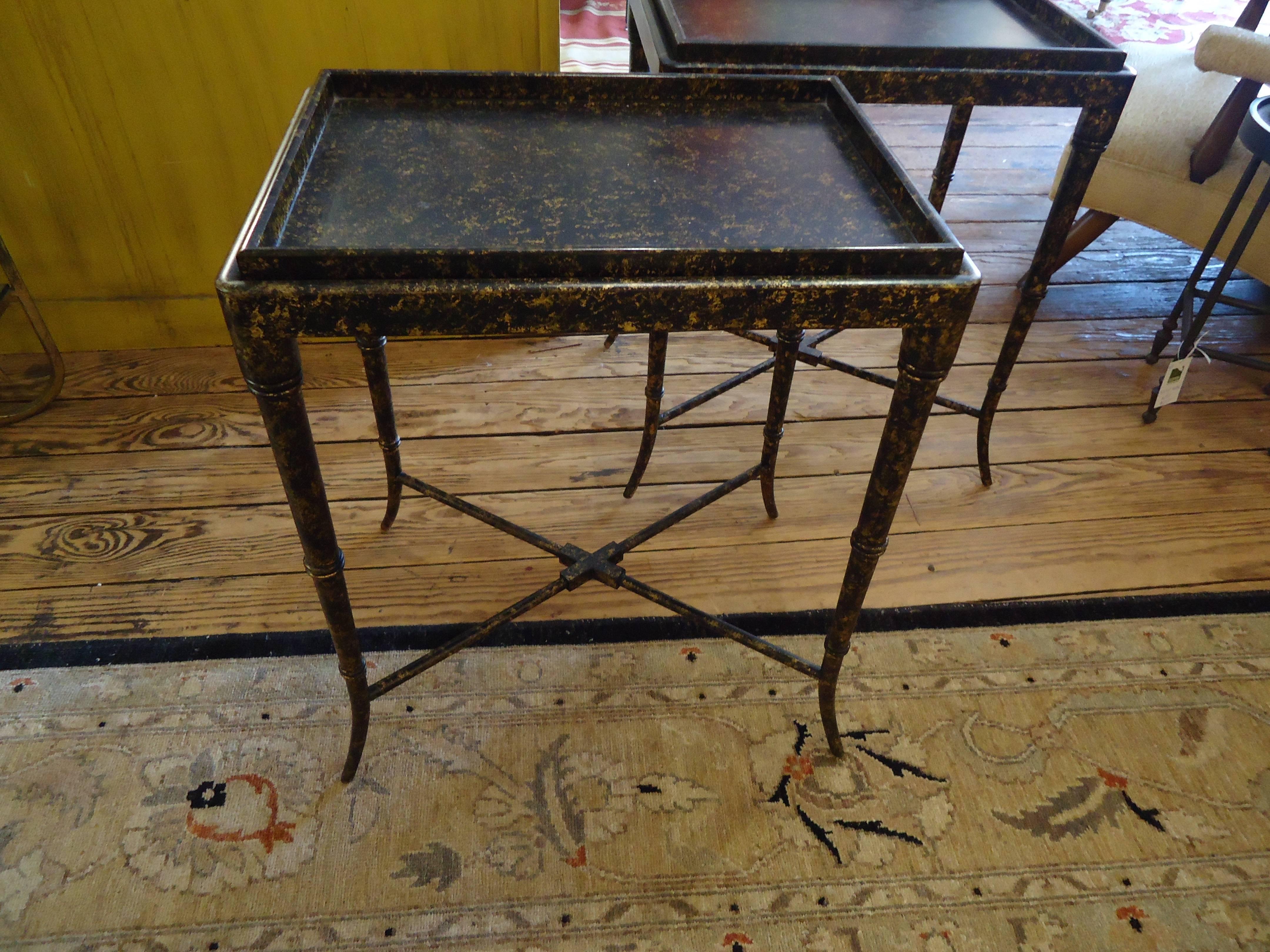 Pair of Faux Tortoise Side Tables with Removable Tray Tops 1
