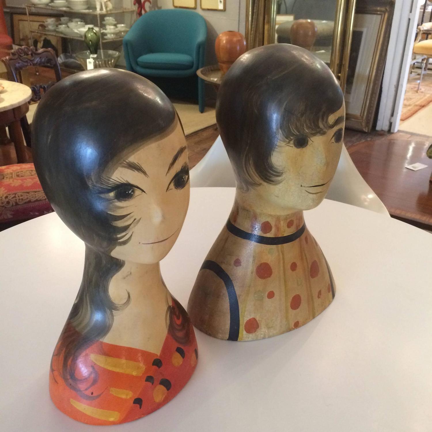 Authentic Pair of Handpainted Hat Mannequins For Sale at 1stdibs