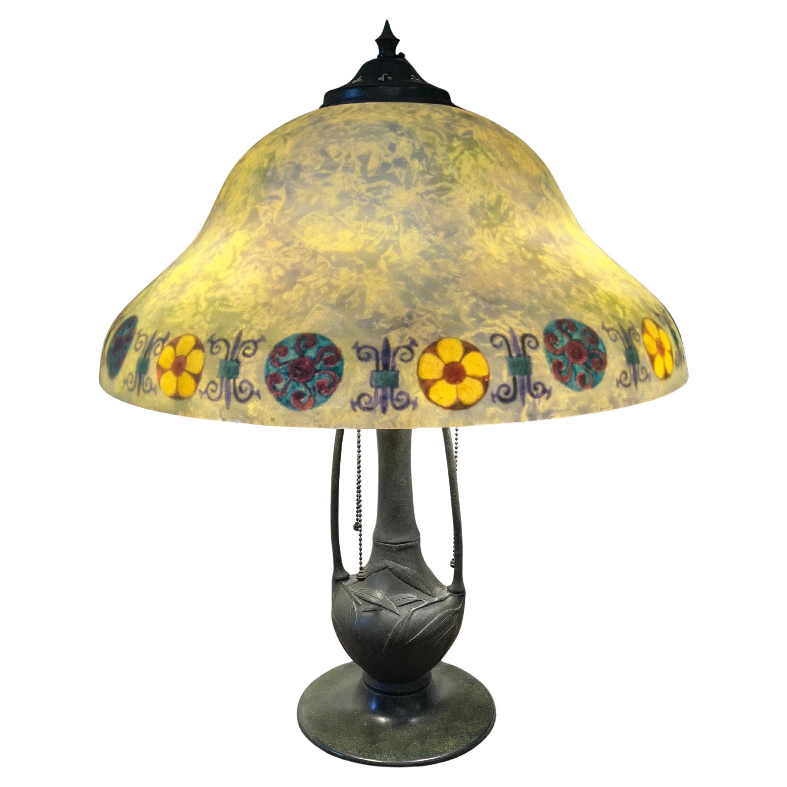 Handel Art Nouveau Antique Bronze and Glass Table Lamp