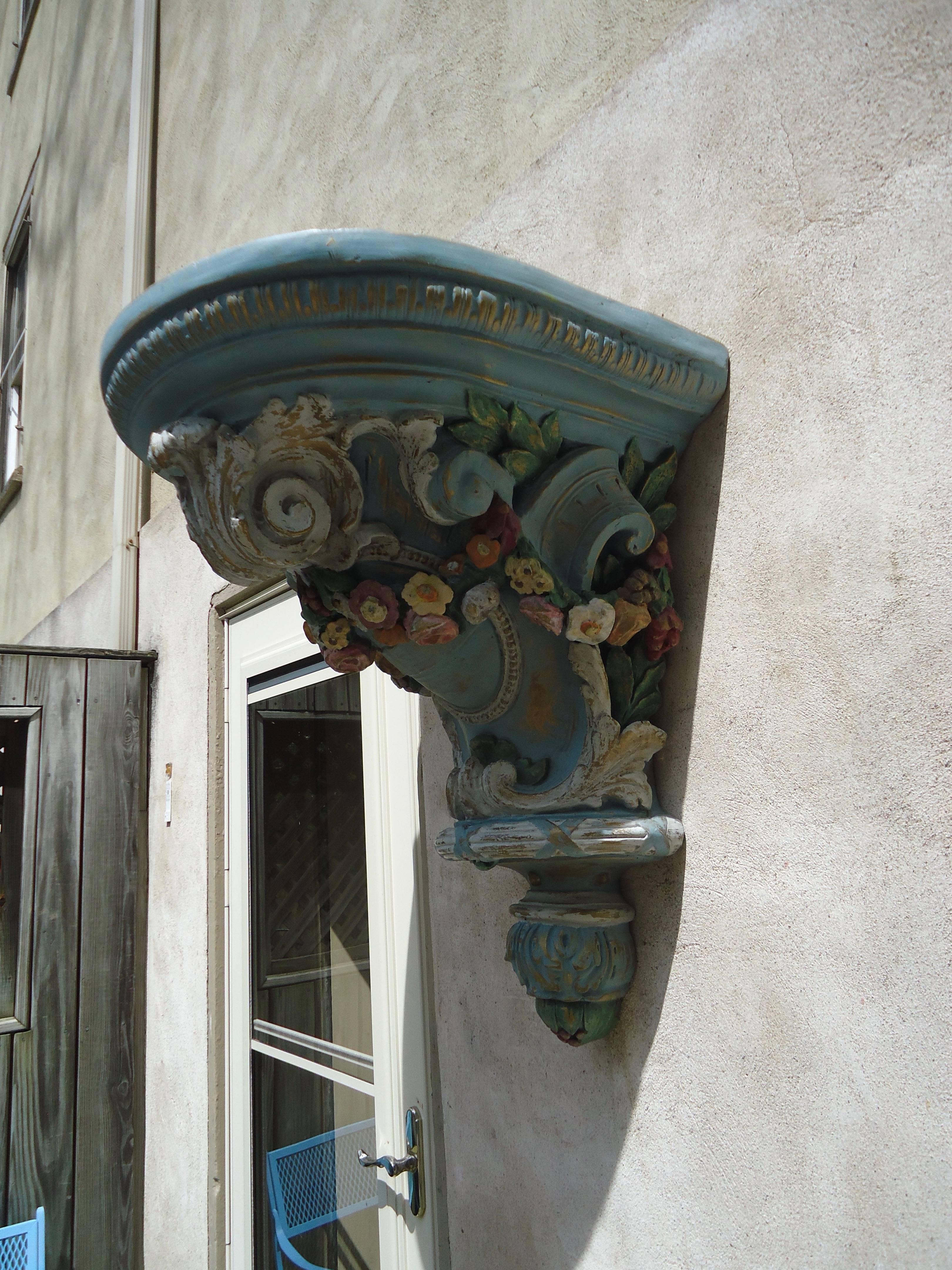 Gorgeous fiberglass resin Swedish corbel with flower garland is hand cast from the original antique bracket, having intricate details and a hand-painted finish. This high quality medium is impervious to weather, durable and maintenance free. Weight