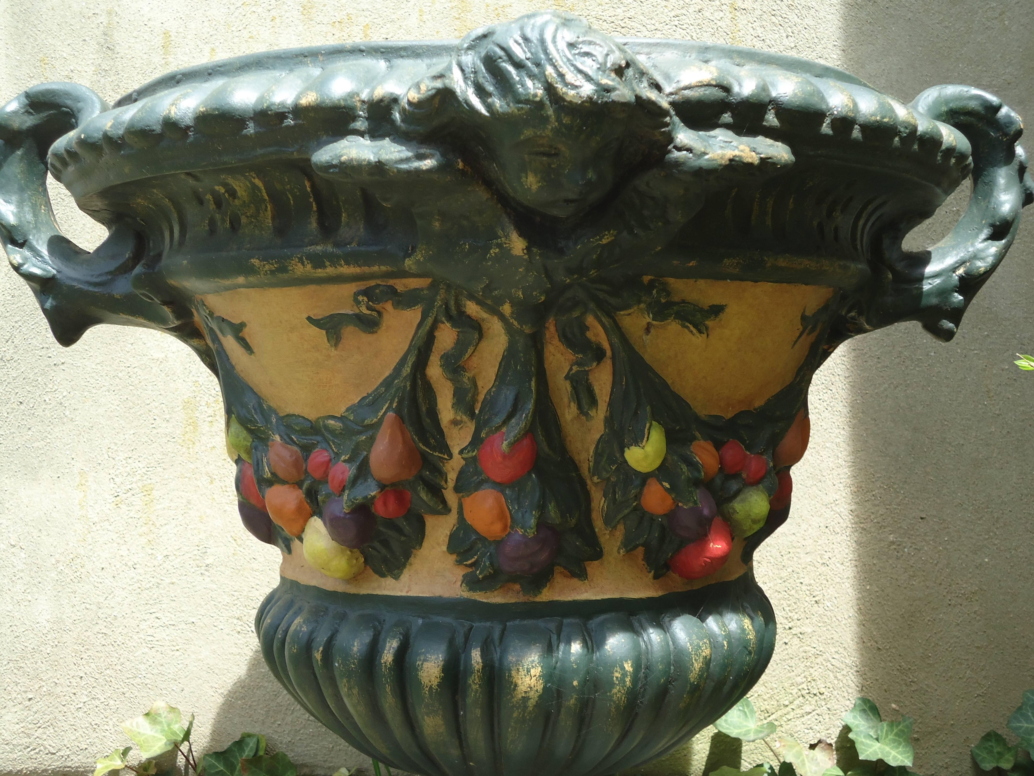 American Elegant Hand-Painted Fiberglass Italian Urn with Fruit Garland