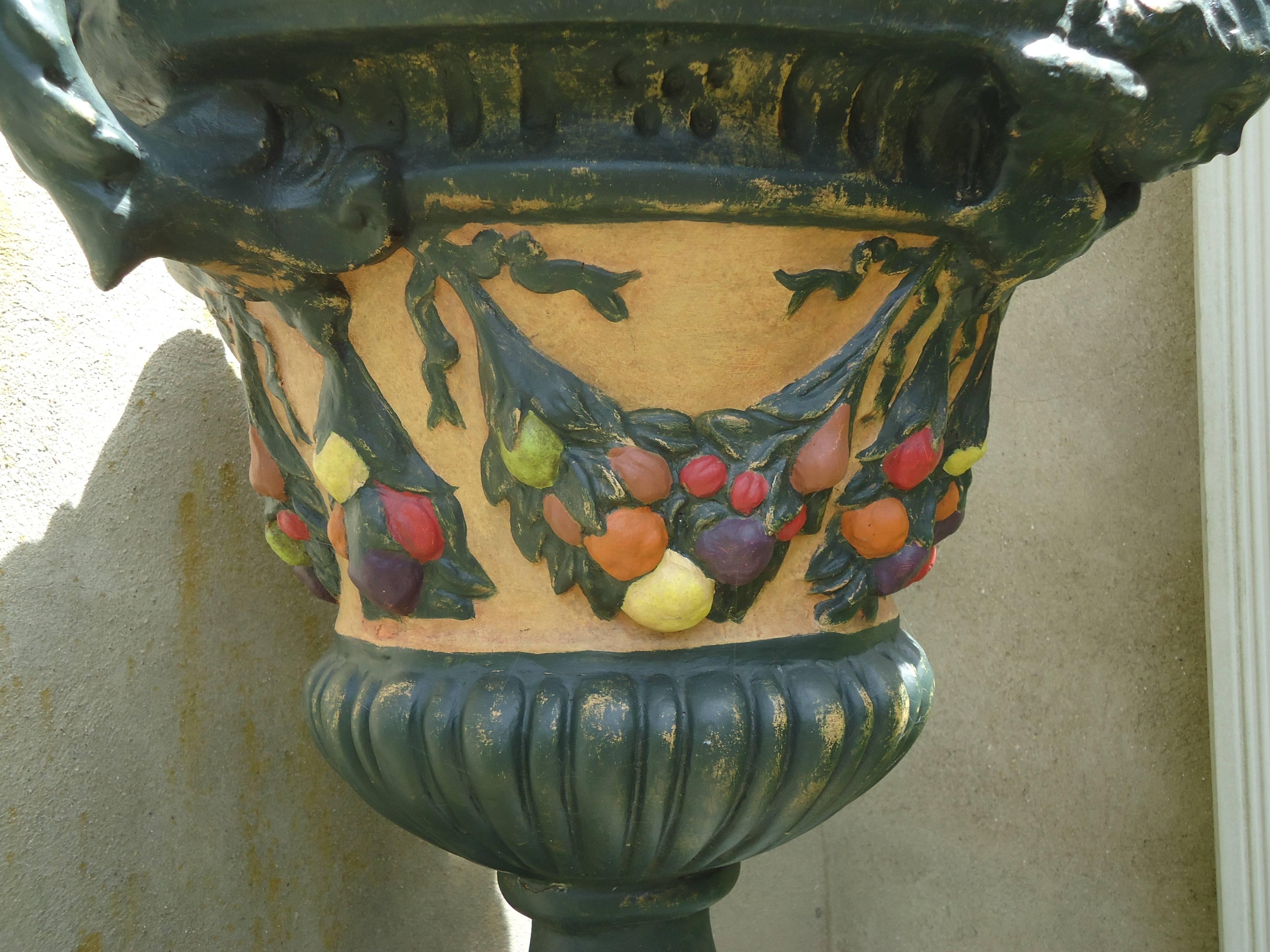 20th Century Elegant Hand-Painted Fiberglass Italian Urn with Fruit Garland