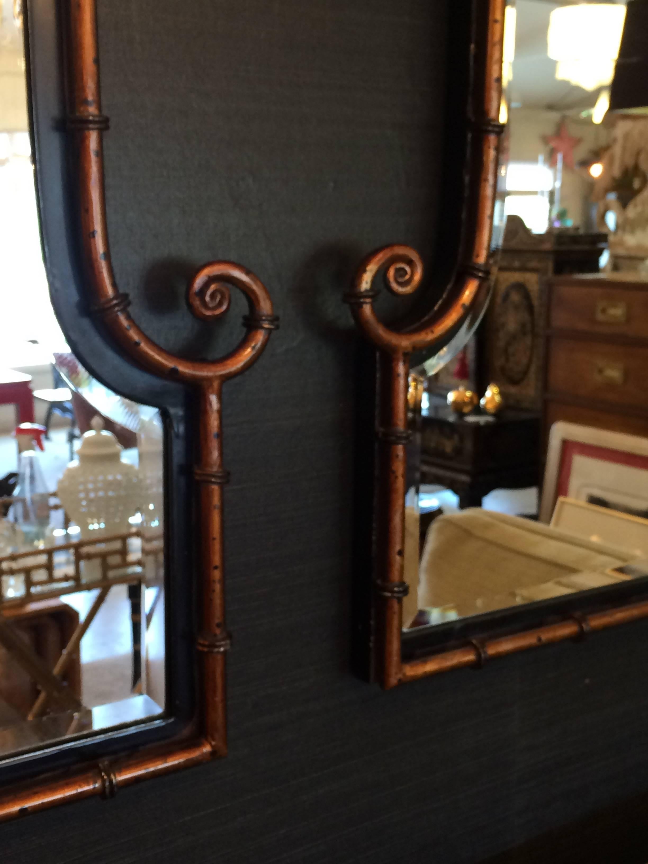 Pair of Smashing Faux Bamboo Gilt Metal and Ebonized Wood Mirrors In Excellent Condition In Hopewell, NJ