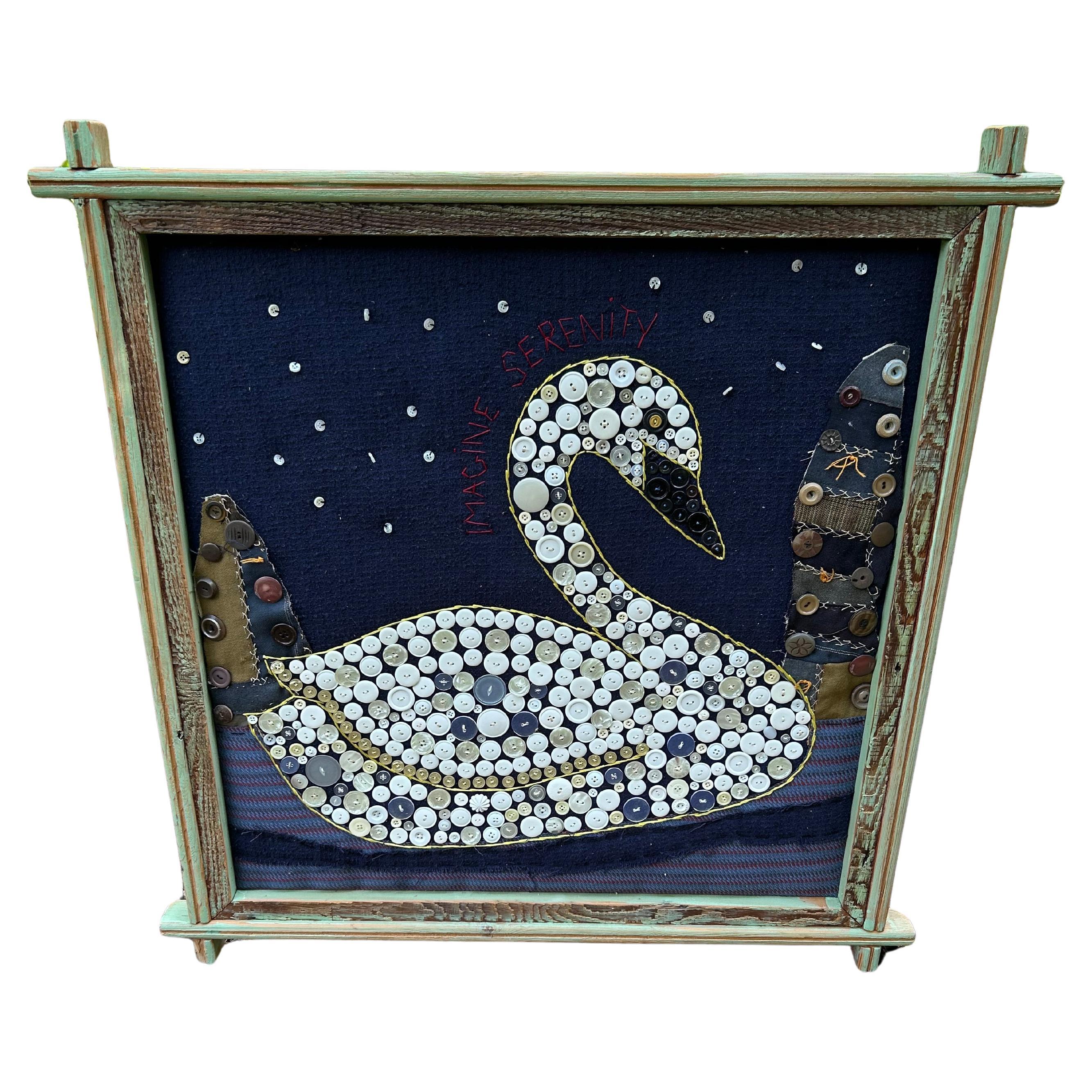 Merveilleux Swan Folk Art avec boutons par Mary Teeter, artiste du Maine en vente