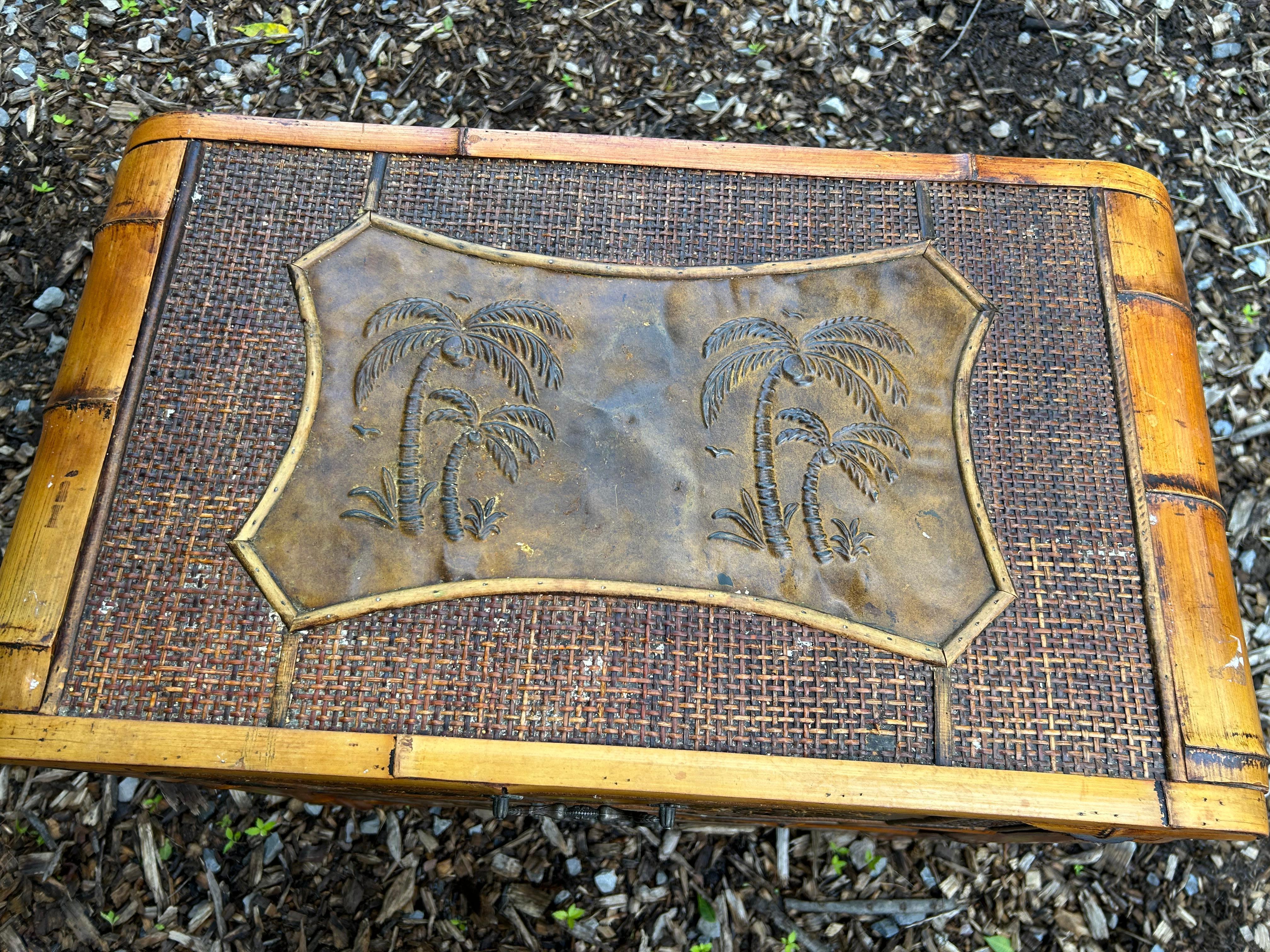 Mid-Century Modern Cool Palm Tree Motif Rattan & Bamboo Retro Small Chest of Drawers For Sale