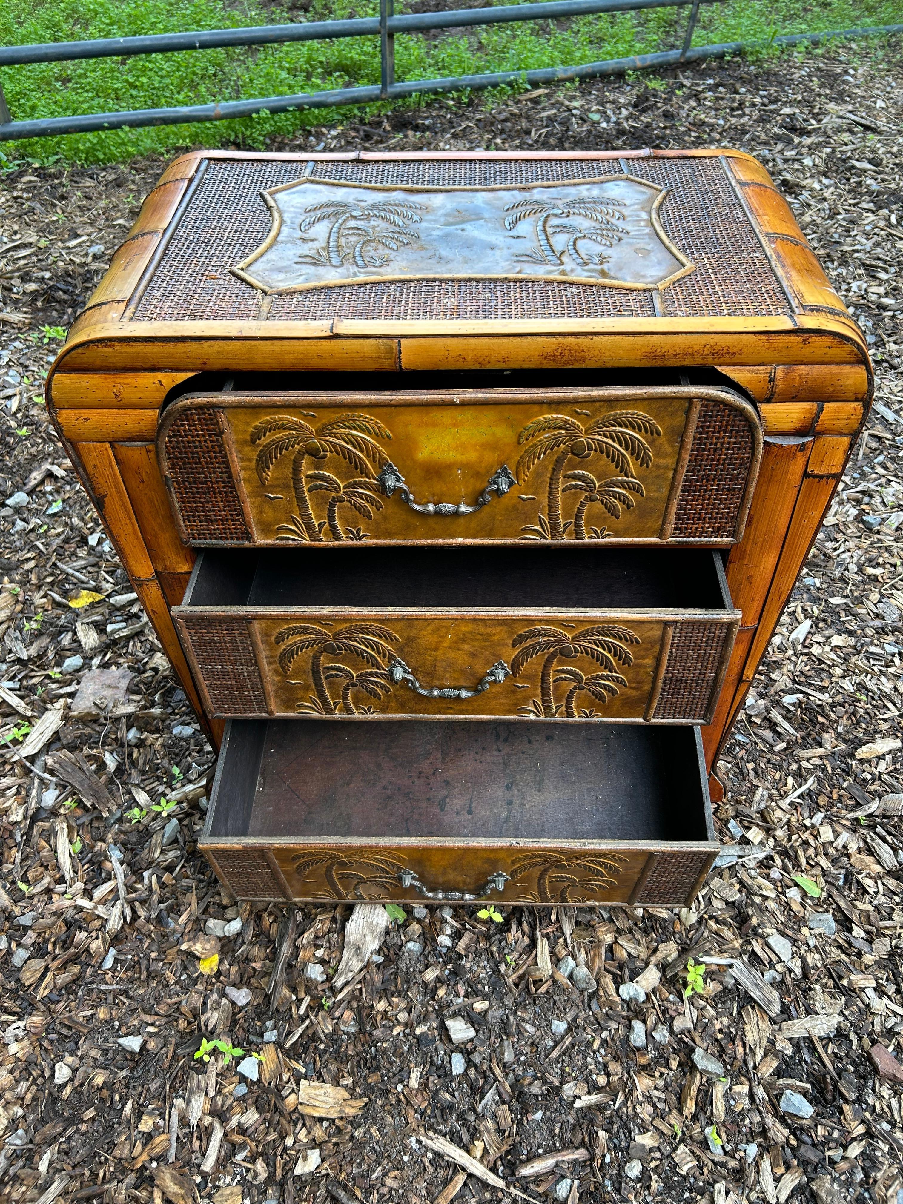 Mid-20th Century Cool Palm Tree Motif Rattan & Bamboo Retro Small Chest of Drawers For Sale