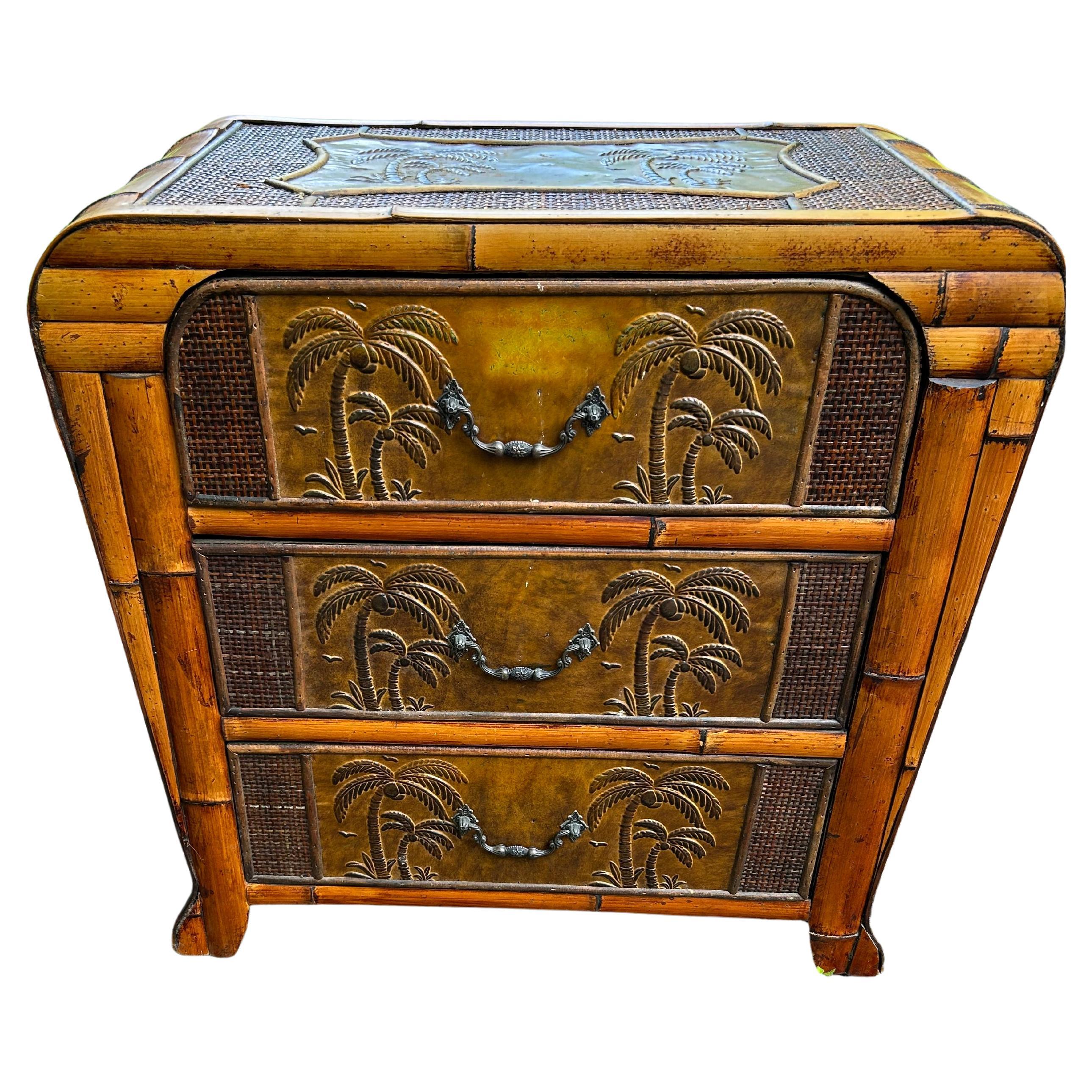 Cool Palm Tree Motif Rattan & Bamboo Retro Small Chest of Drawers For Sale