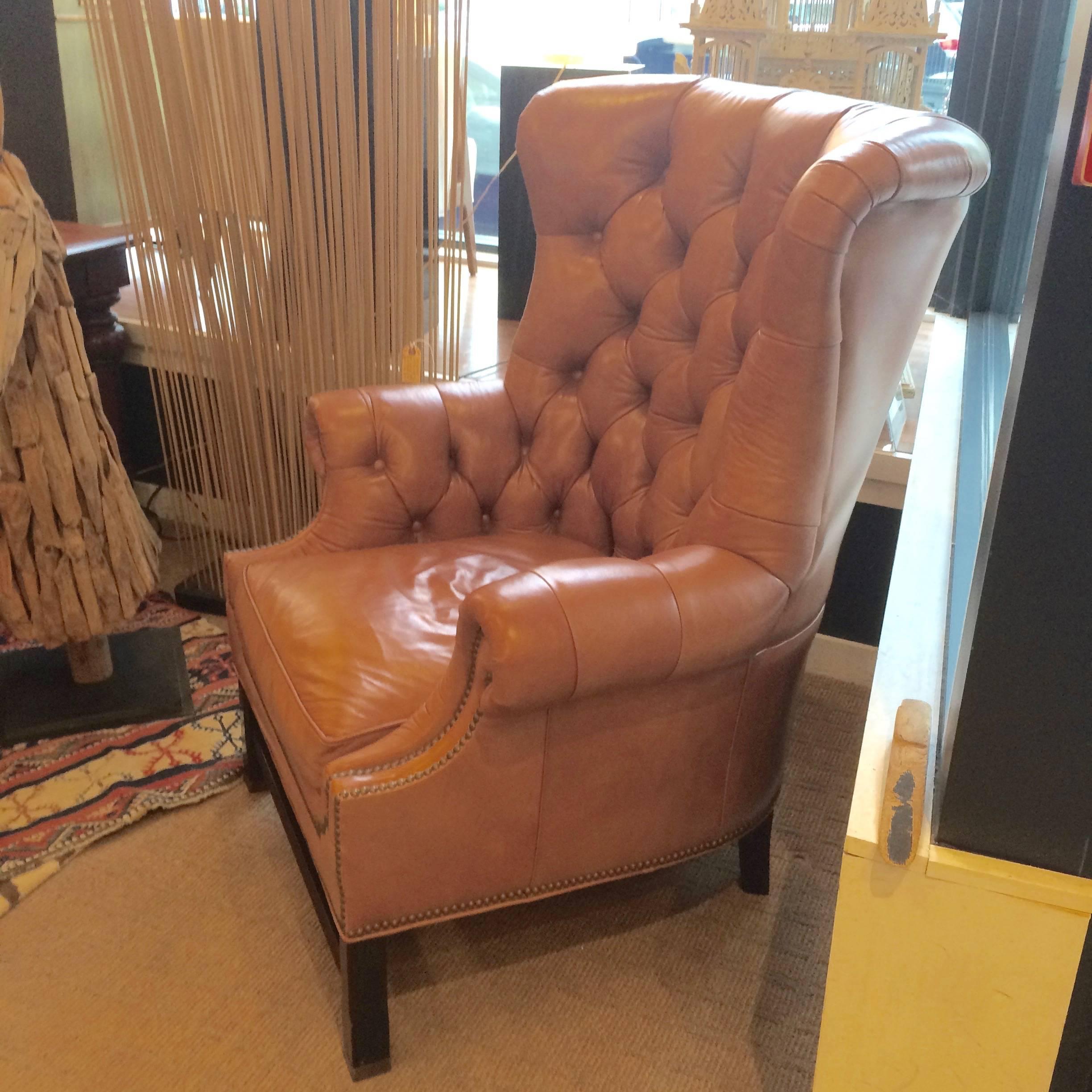 Rich Camel Leather Tufted Wing Chair 1
