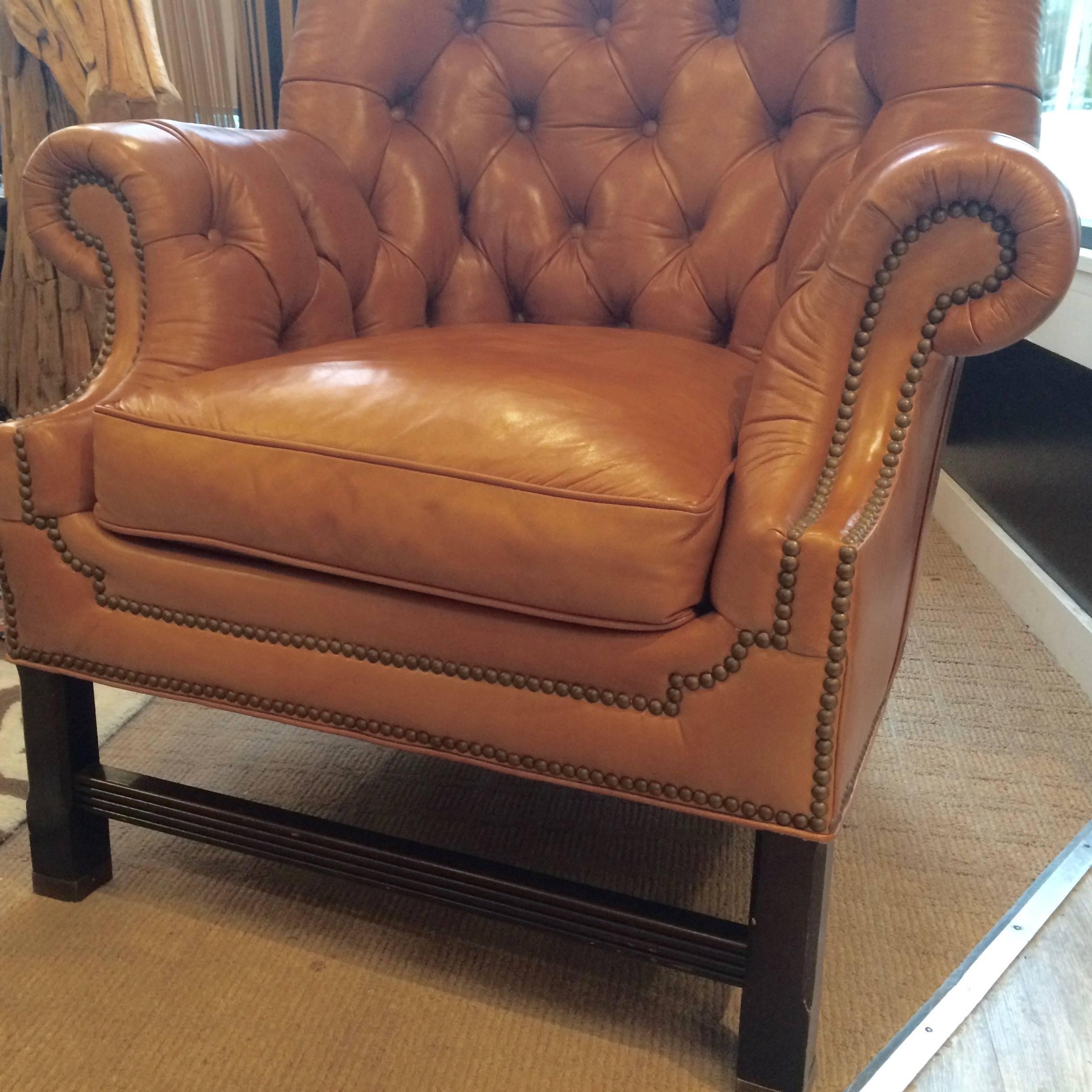 Mid-20th Century Rich Camel Leather Tufted Wing Chair