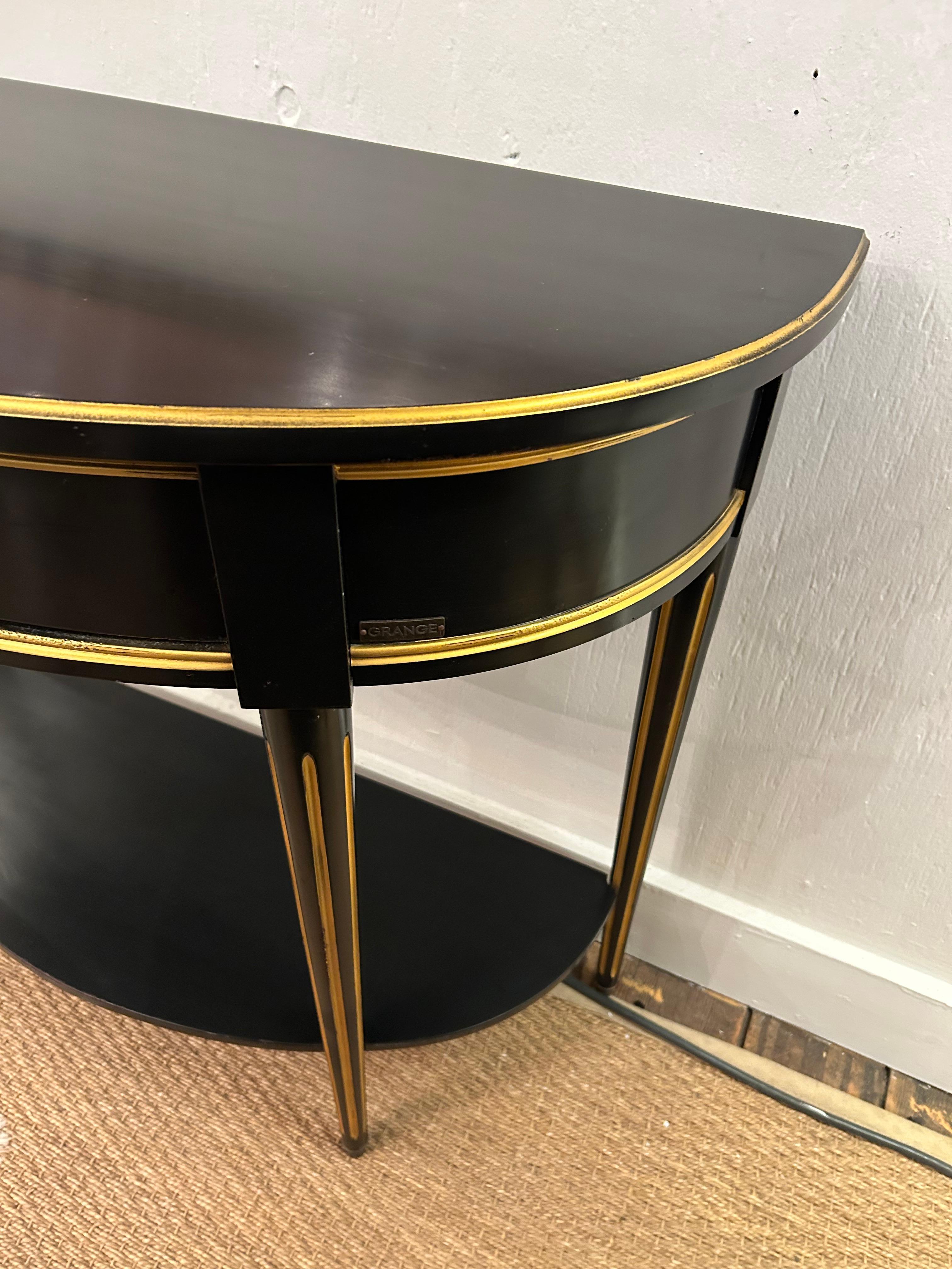 American Hollywood Regency Black & Gold Demilune Console Table by Grange For Sale