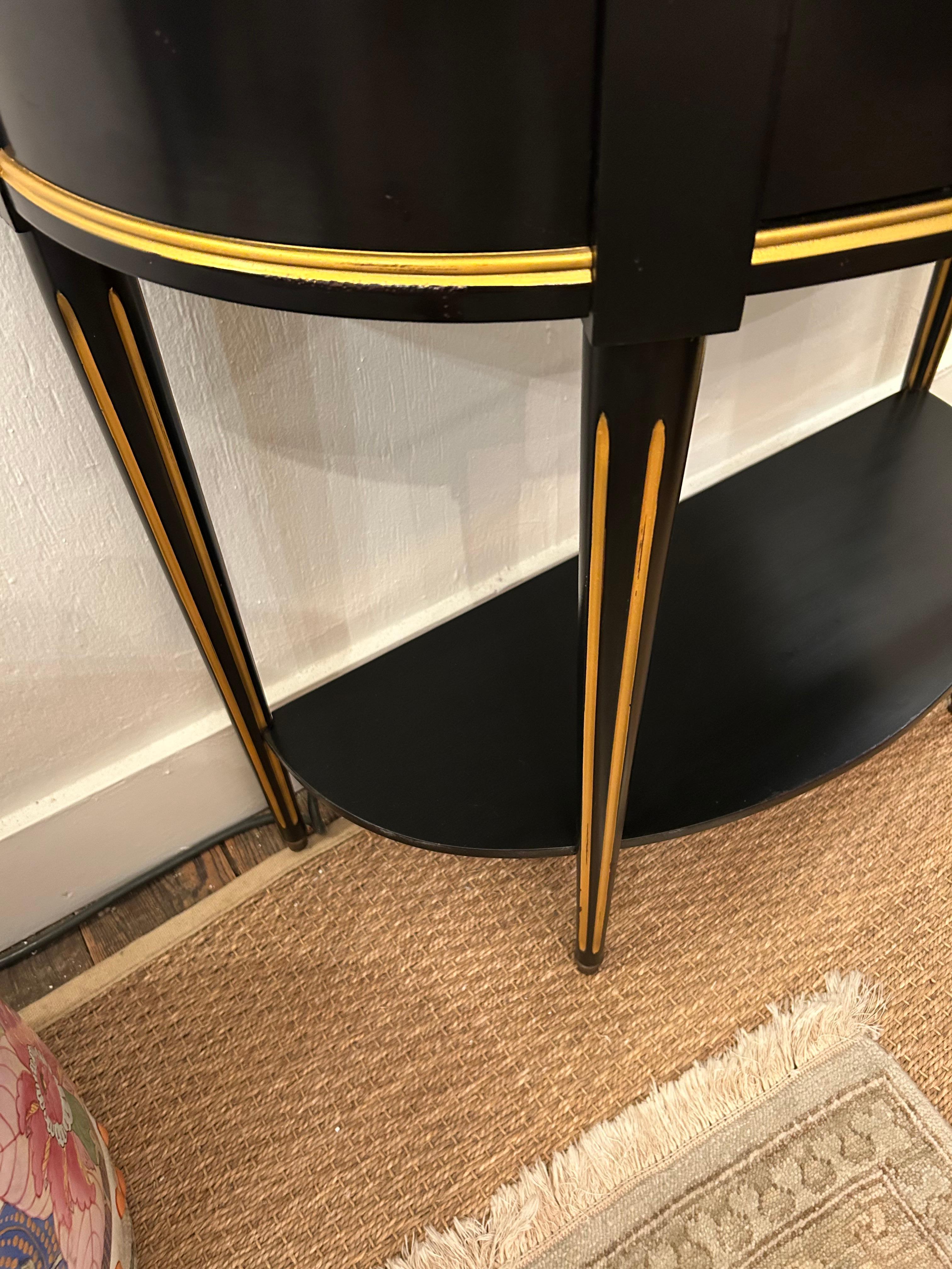 Hollywood Regency Black & Gold Demilune Console Table by Grange In Good Condition For Sale In Hopewell, NJ