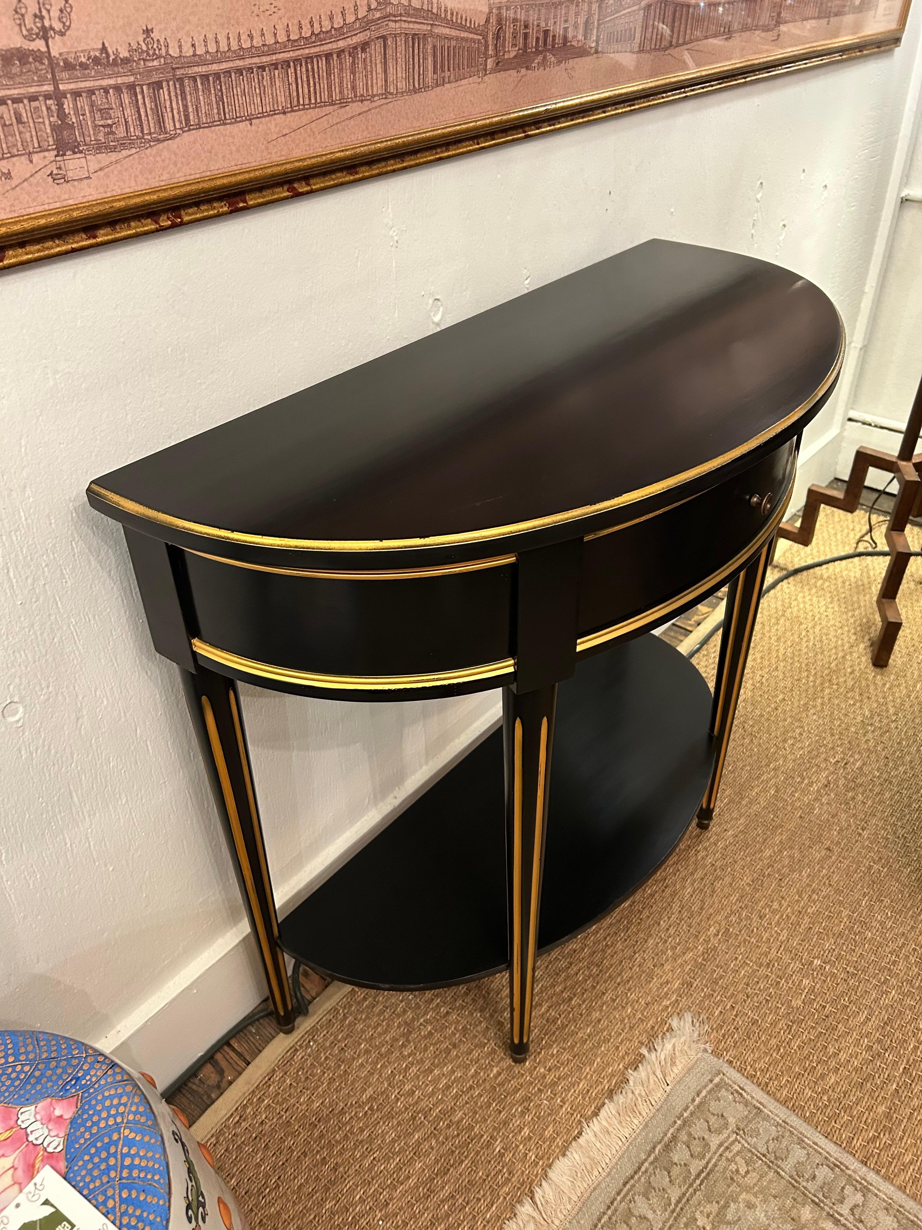 Late 20th Century Hollywood Regency Black & Gold Demilune Console Table by Grange For Sale