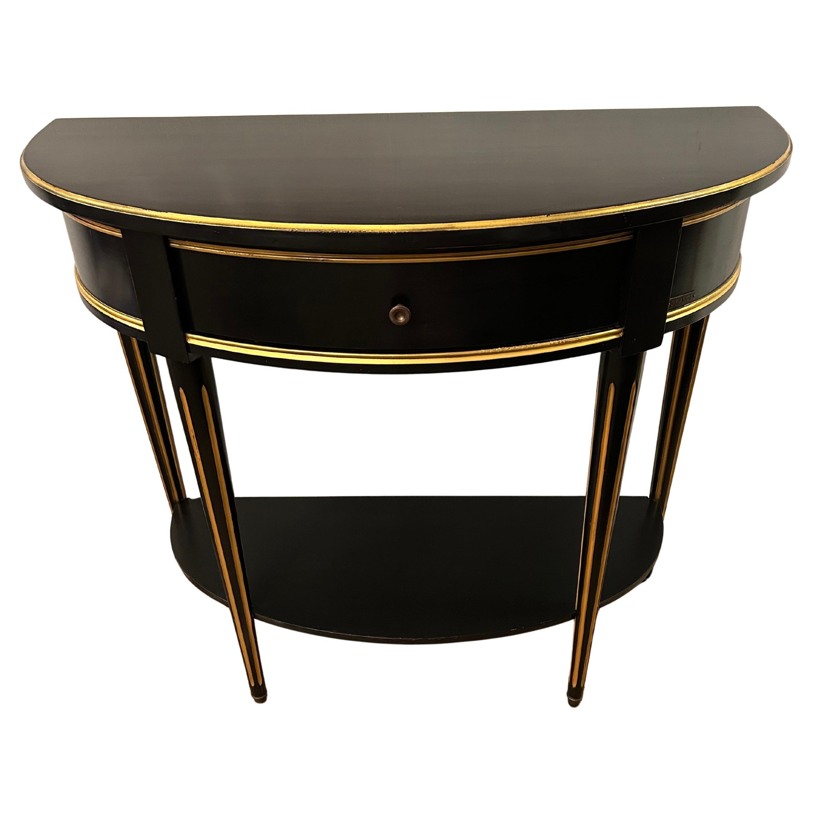 Hollywood Regency Black & Gold Demilune Console Table by Grange For Sale