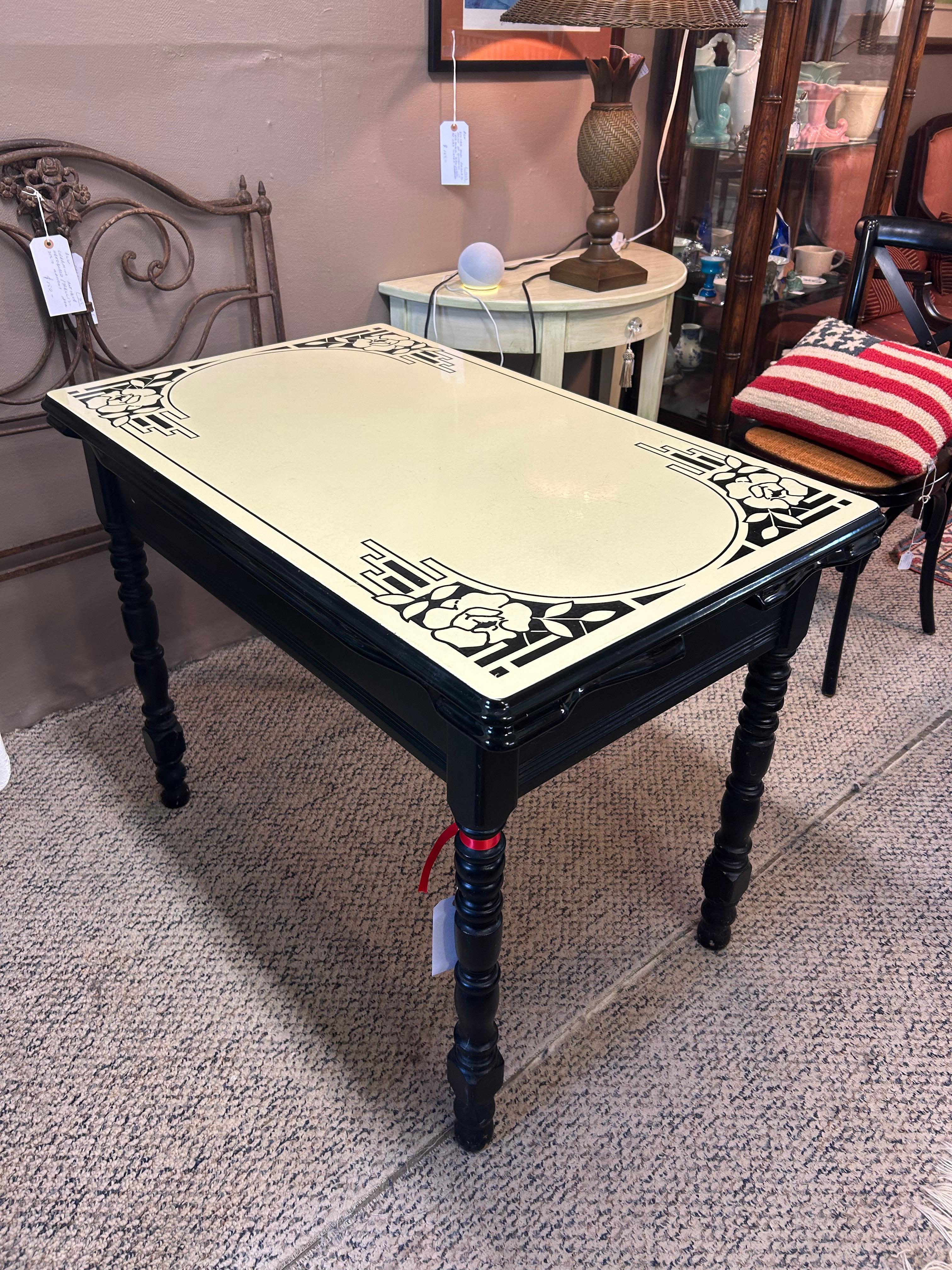 Adorable retro black and cream enamel breakfast table. Closed dimensions are  24.75 w.  Each side pulls out so table can extend to 44.75 w  Apron 24