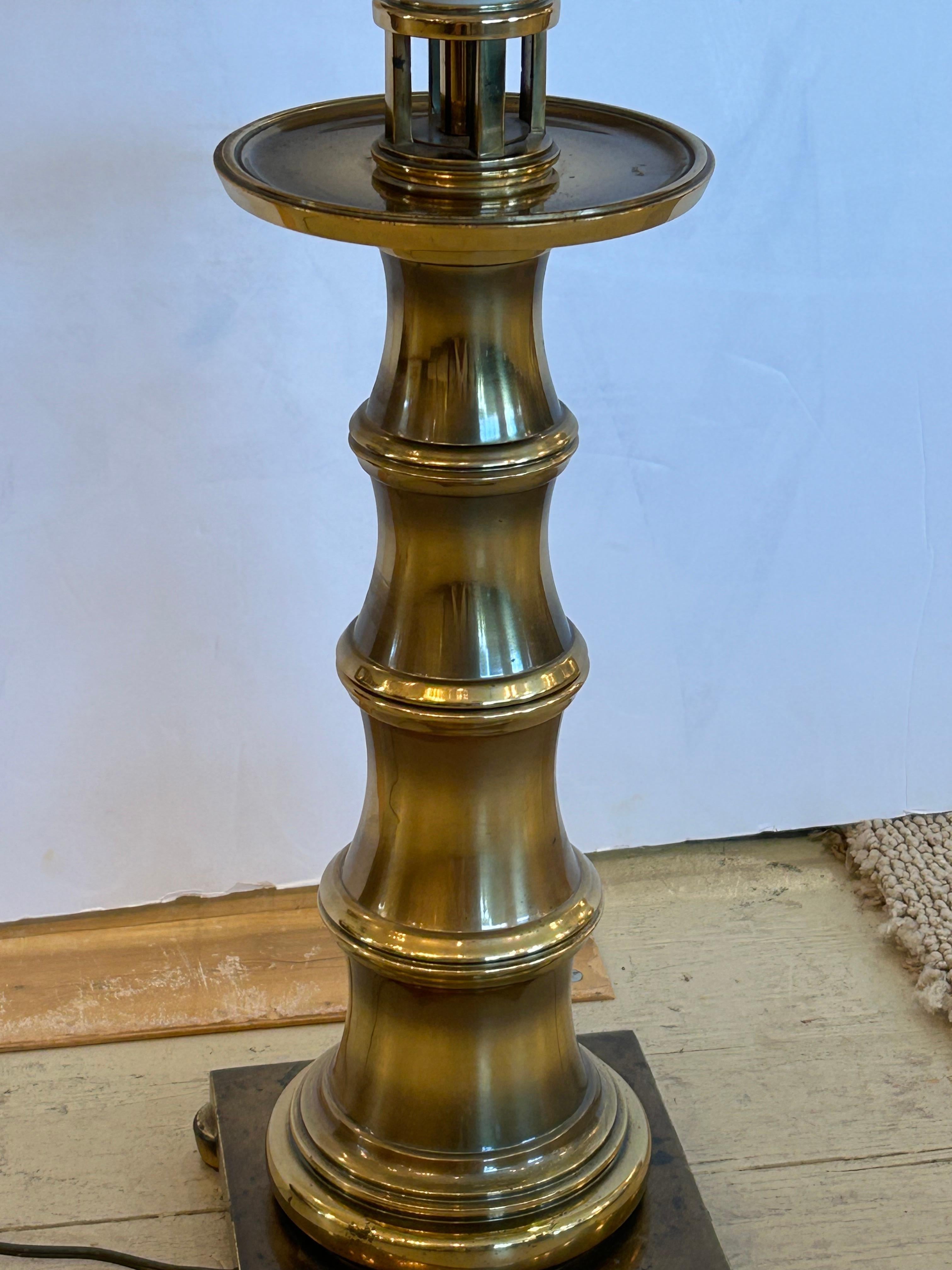 Magnificent Tall Vintage Stiffel Bamboo Brass Table Lamp with Custom Shade For Sale 4