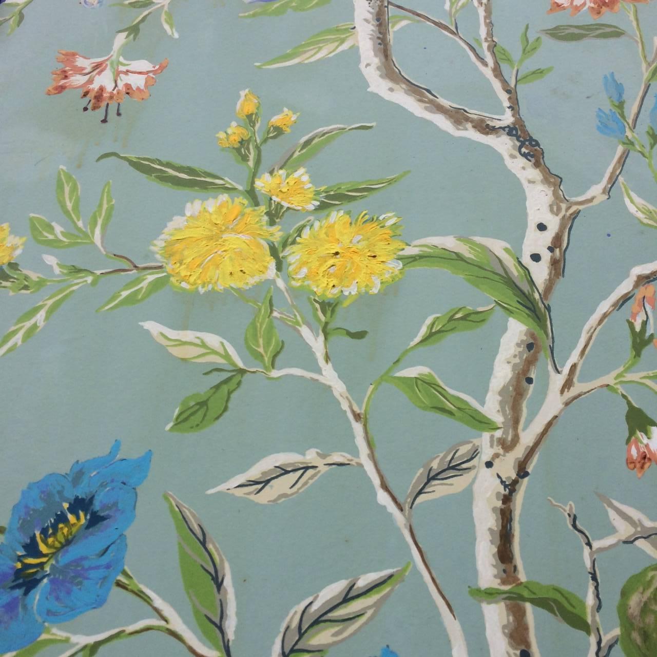 Four gorgeous and very tall (more than 7ft) panels of hand-painted and hand blocked wallpaper from the 1940s with detailed flowering birch like branches and faux marble. Could be attached so would accordion and stand freely, but was formerly hung on