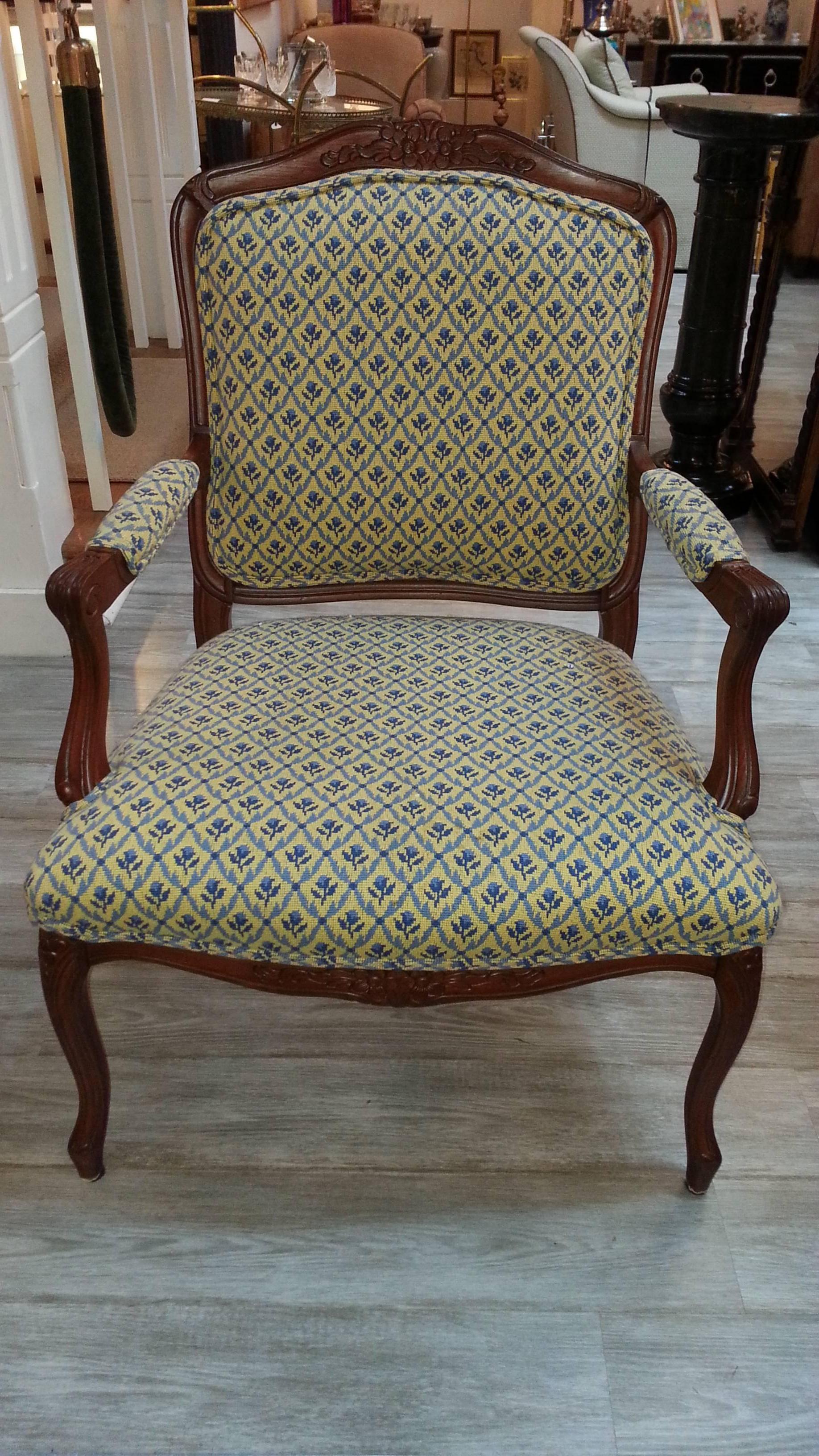 Pair of French style carved cherry armchairs upholstered in Scalamandre traditional fabrics, needlepoint front and cut velvet back, circa 1980. Lambert Furniture Co. Seat height 16.5.