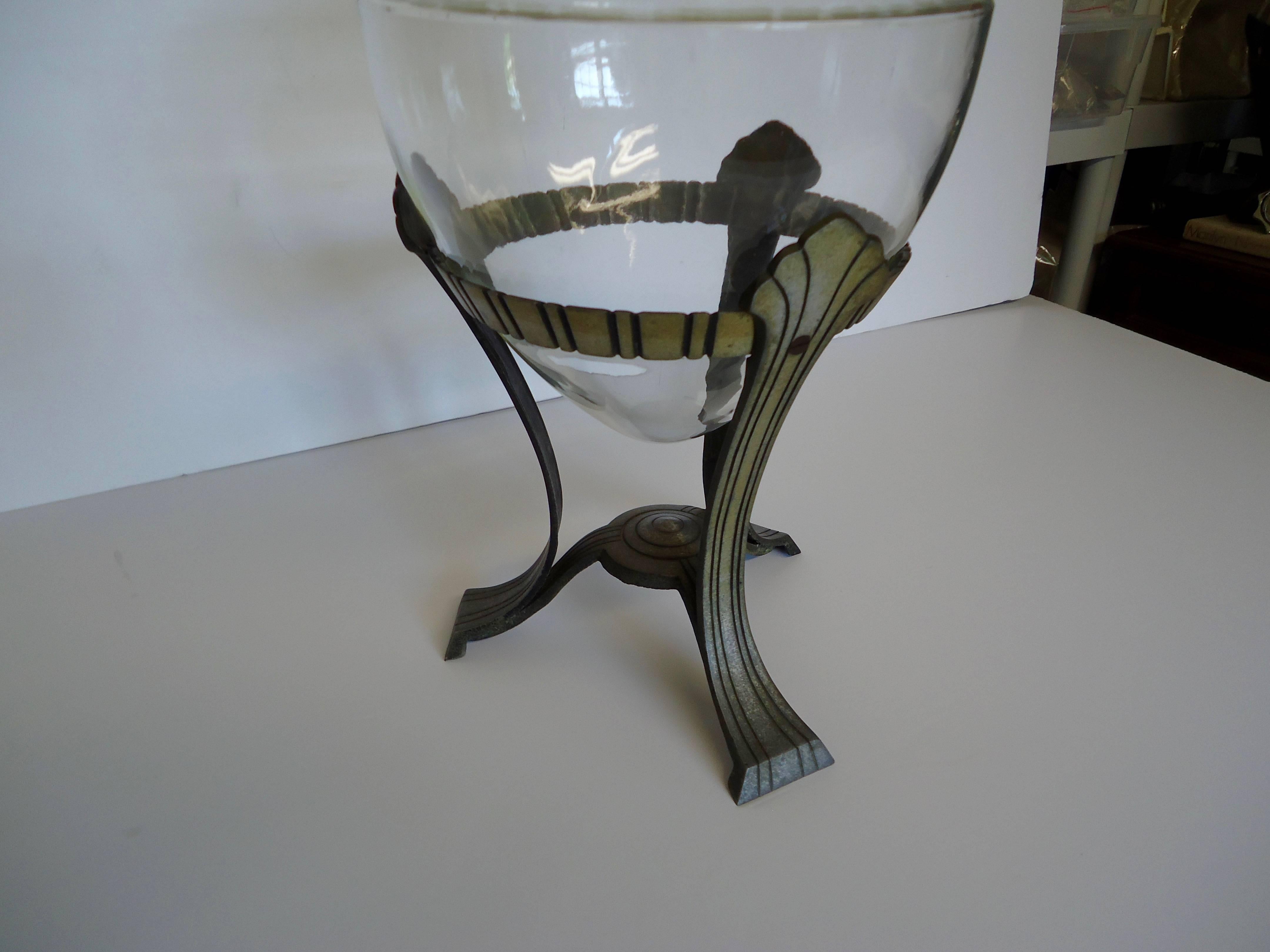 Gorgeous old apothecary jar with pretty vintage glass and large finial that rests in a galvanized metal Art Deco designed base.