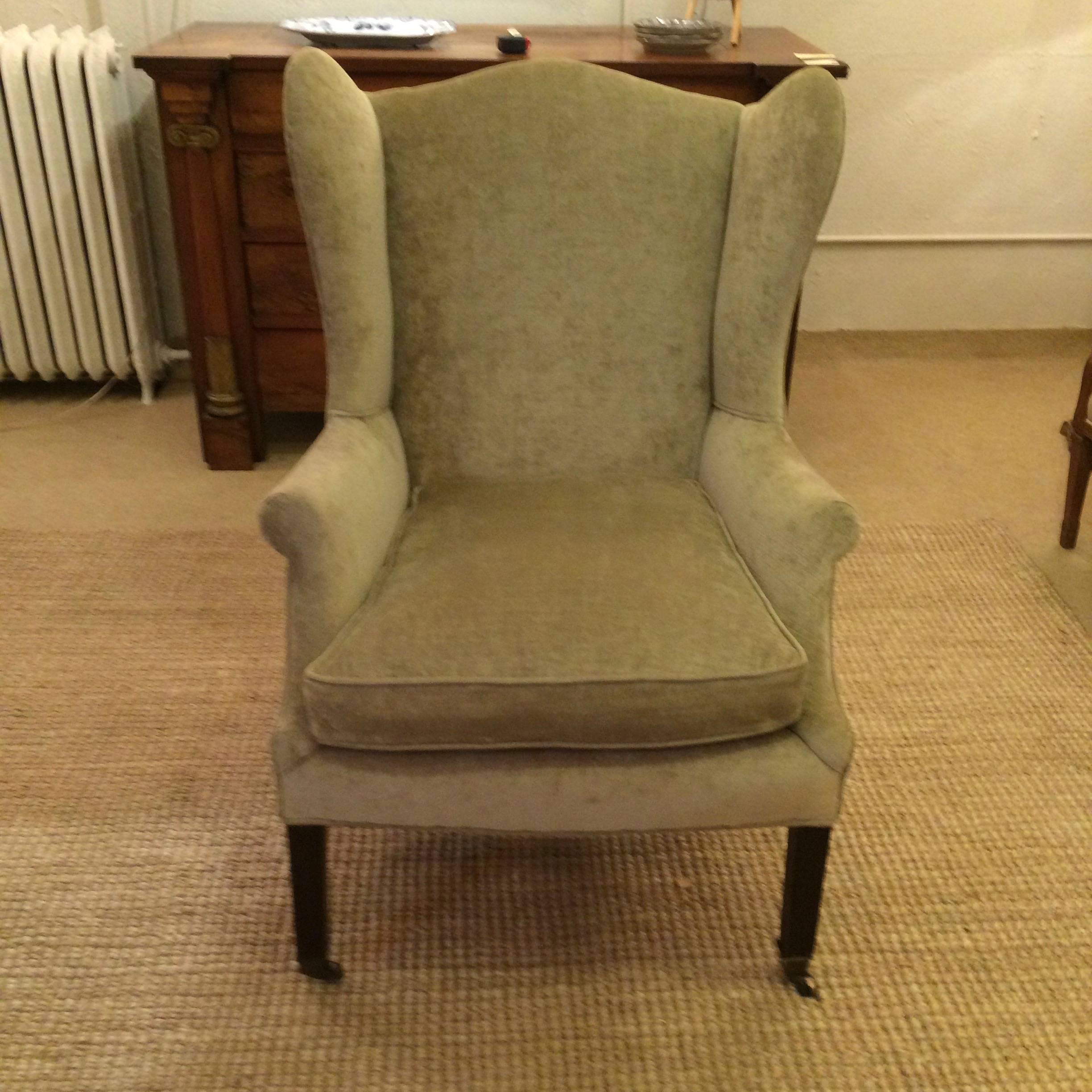 English Lovely Antique 19th Century Chippendale Wing Chair in Sage Velvet