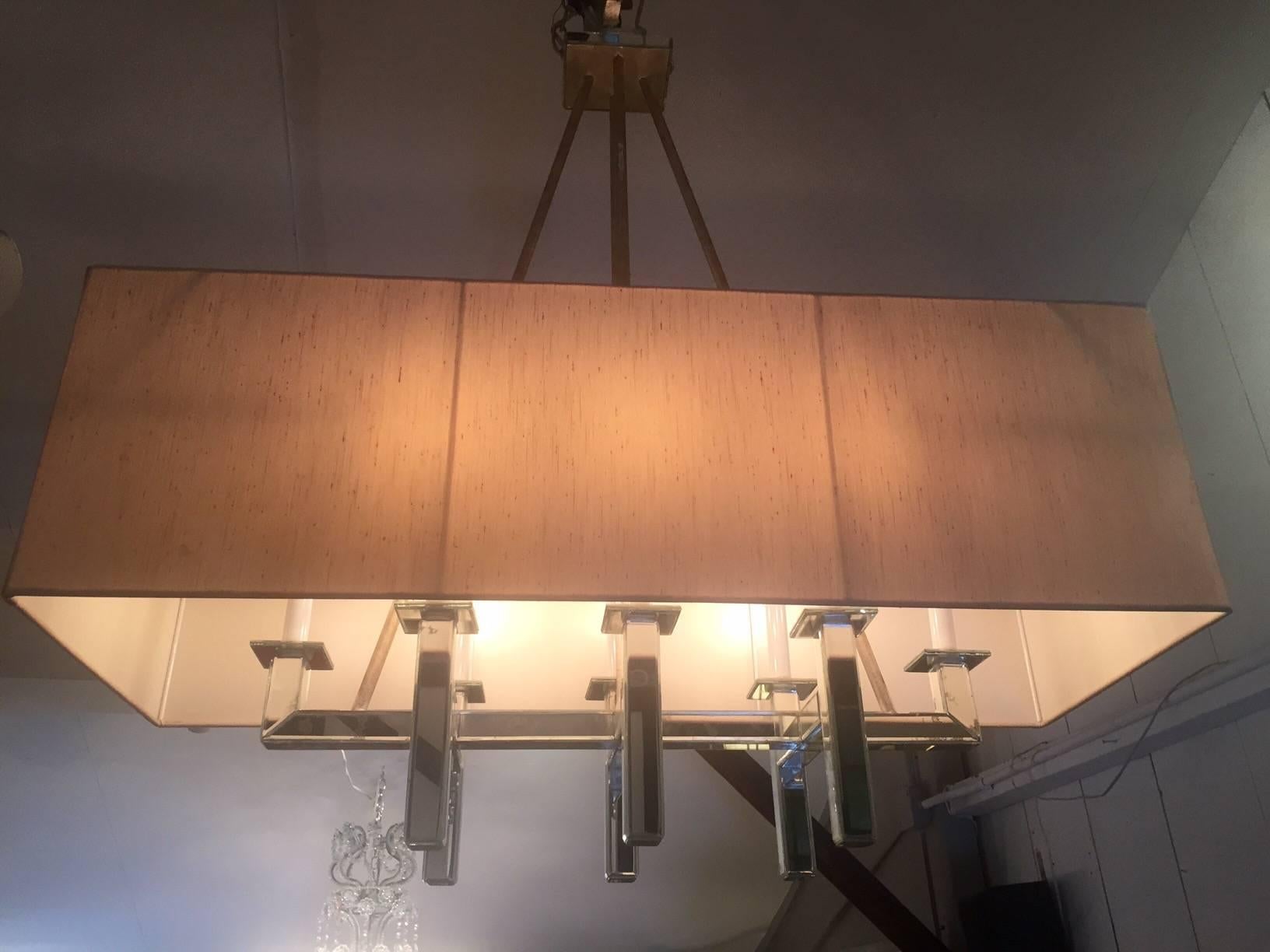 American Silver Leaf and Aged Mirror Rectangular Mid-Century Modern Chandelier For Sale