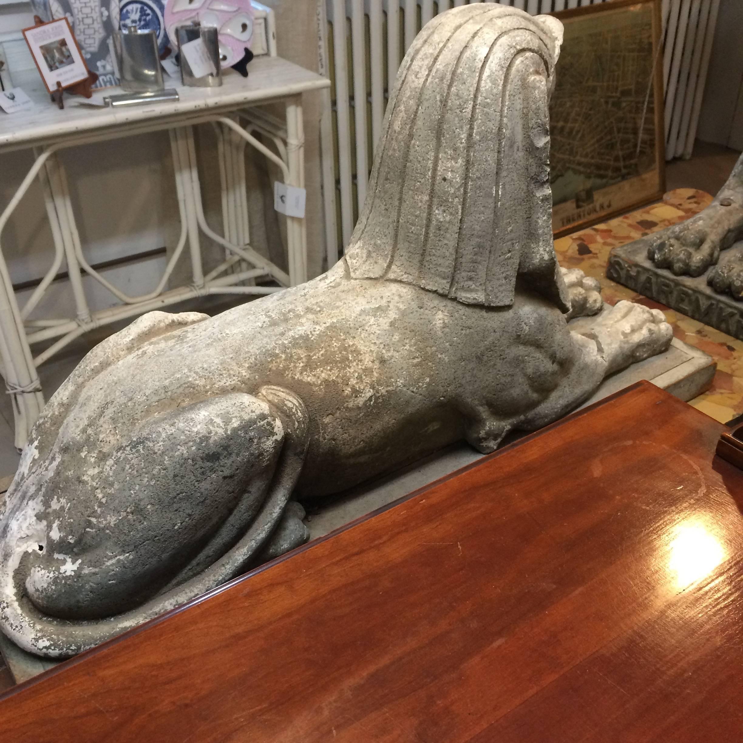 Sensational Pair of Antique Chalkware Sphinx Sculptures In Good Condition In Hopewell, NJ