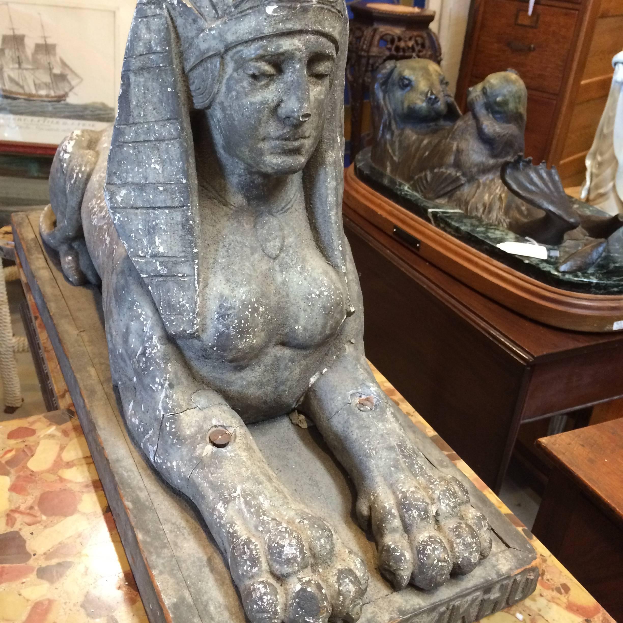 Sensational Pair of Antique Chalkware Sphinx Sculptures 3
