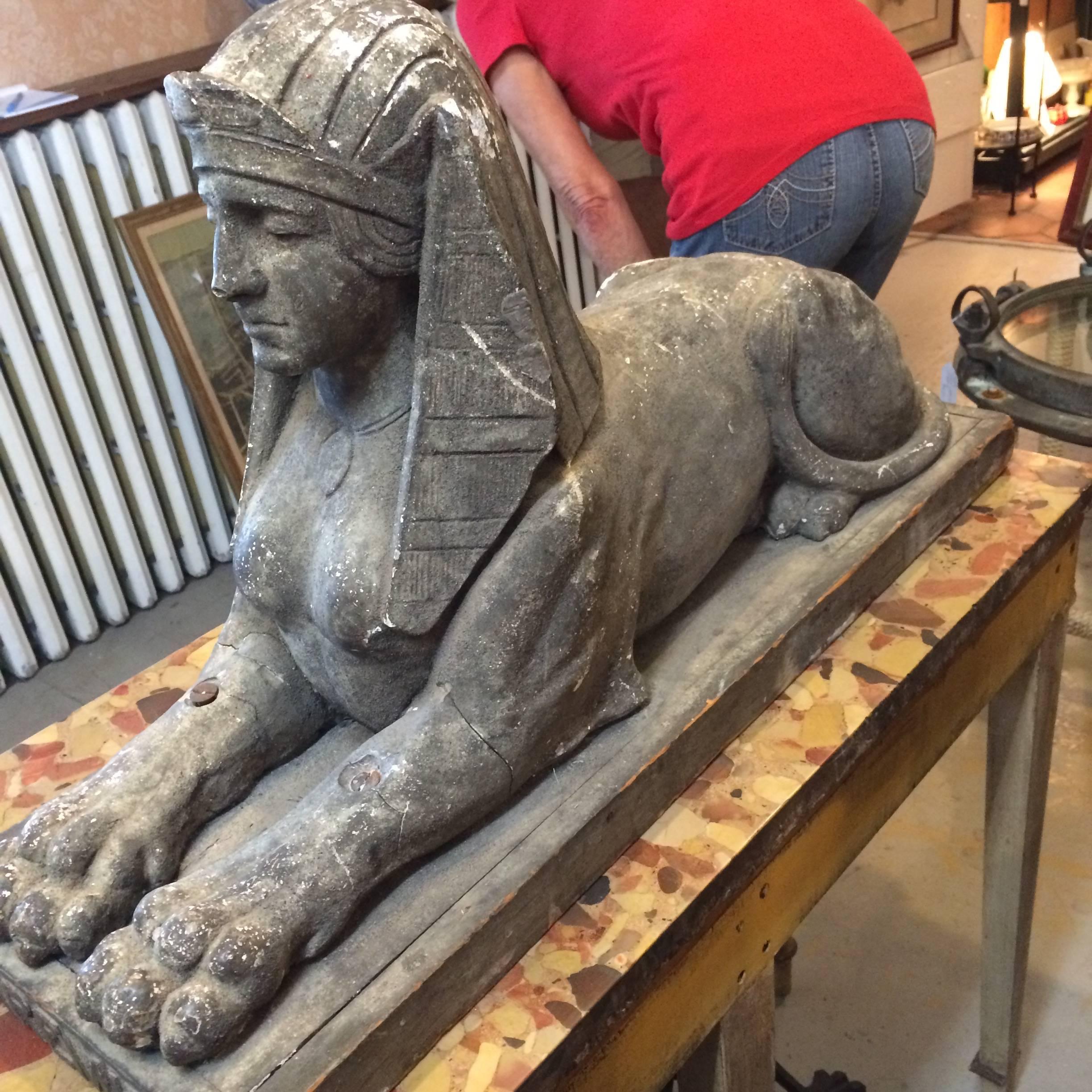 Sensational Pair of Antique Chalkware Sphinx Sculptures 5