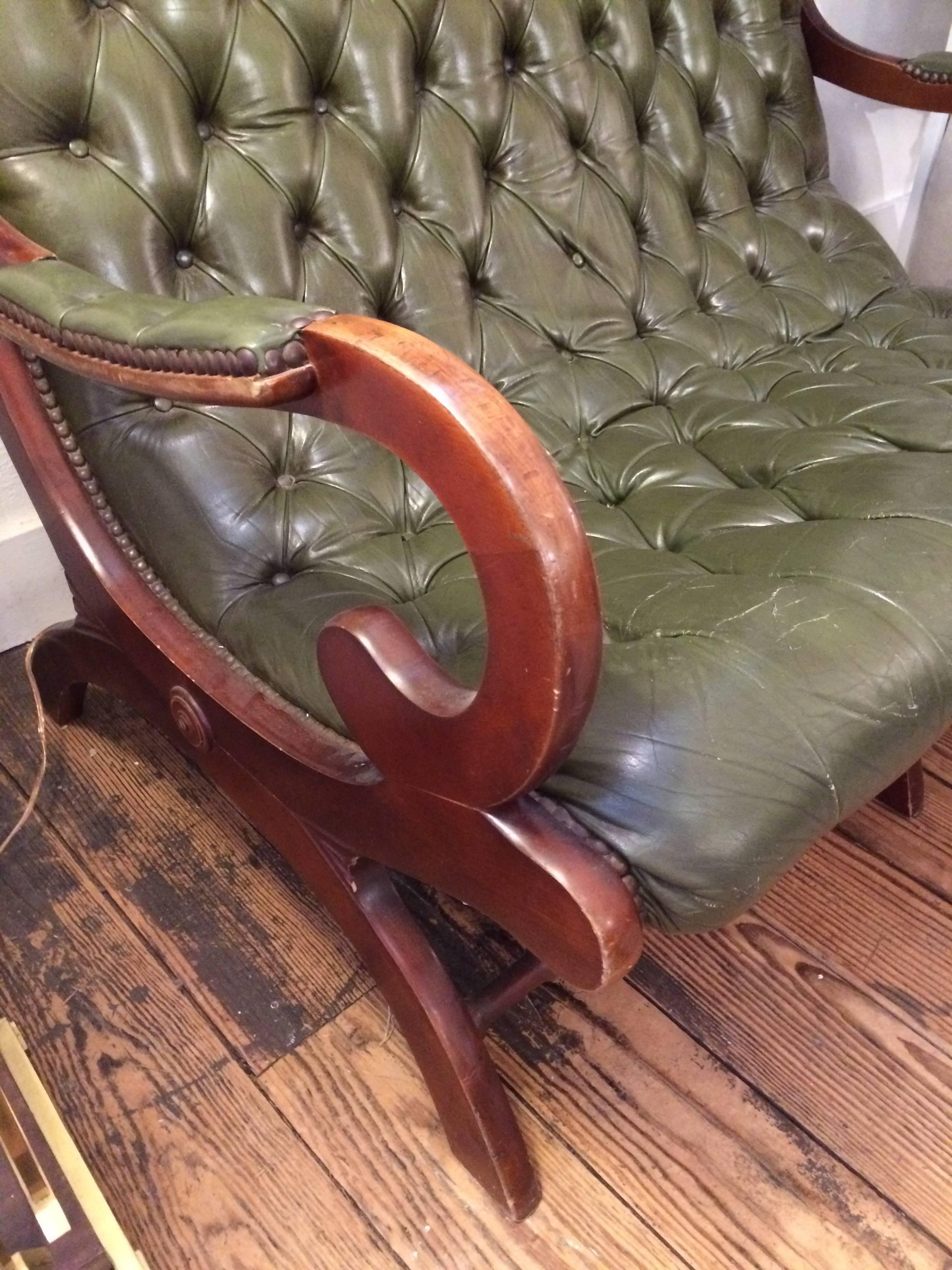 19th Century Antique English Dark Green Button Tufted Leather and Mahogany Loveseat