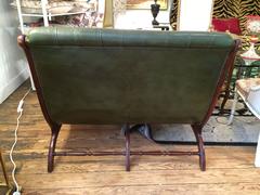 Antique English Dark Green Button Tufted Leather and Mahogany Loveseat