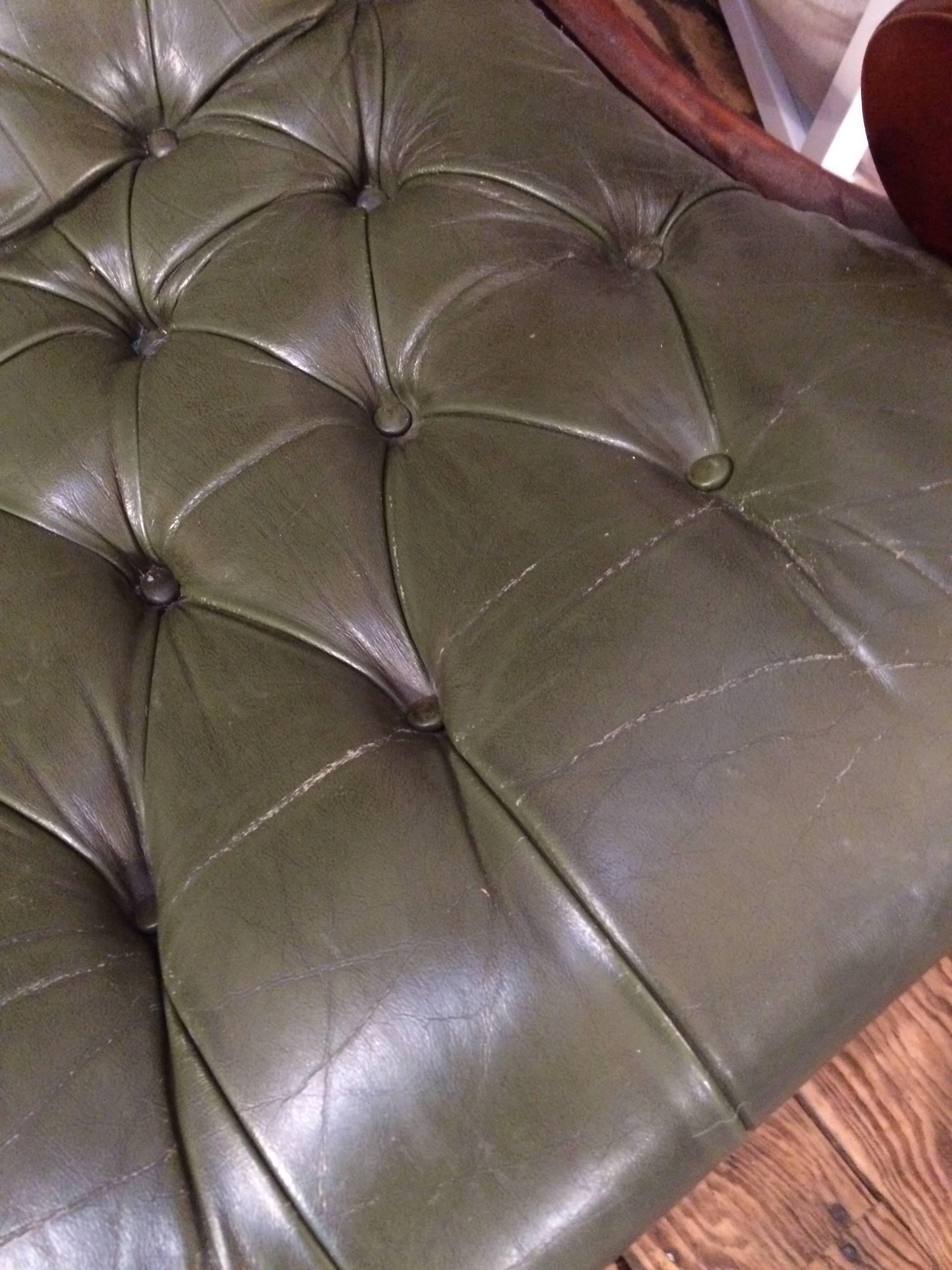 Antique English Dark Green Button Tufted Leather and Mahogany Loveseat 6