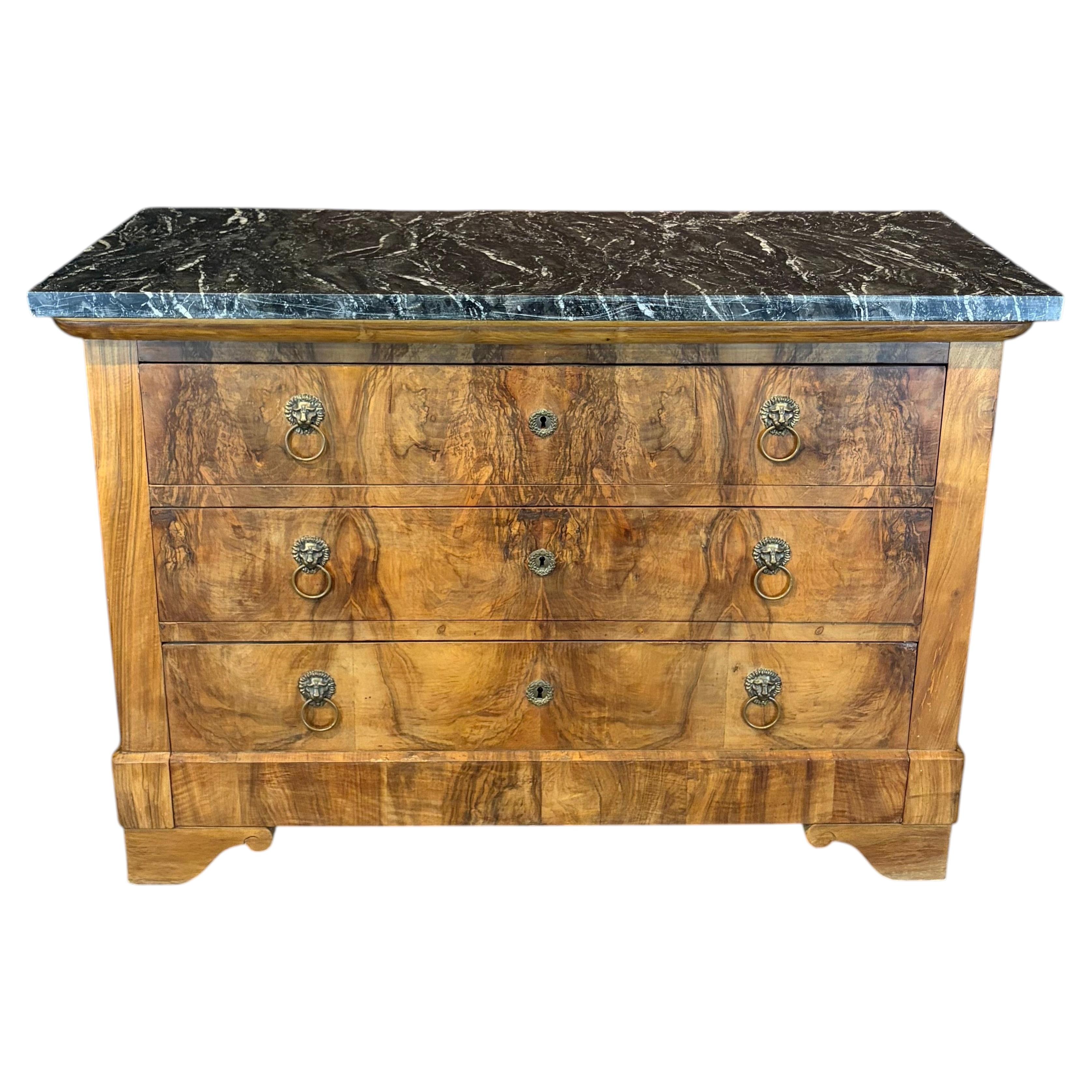 19th Century French Burled Wood Commode with Marble Top For Sale