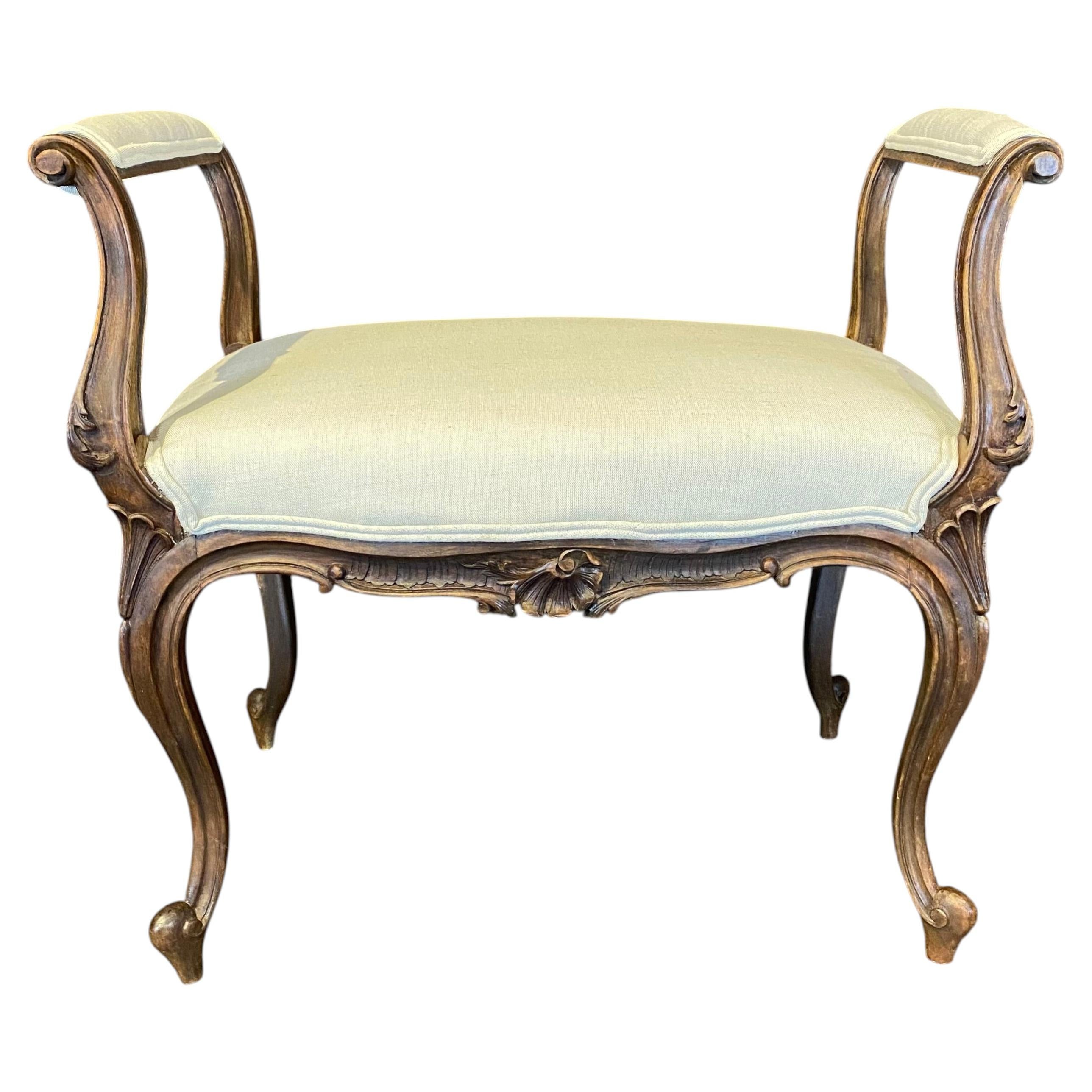 19th Century French Louis XV Carved Walnut Accent Bench, Vanity Seat or Ottoman