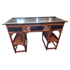 Antique 19th Century Chinese Rattan Desk with Black Lacquer and Bamboo