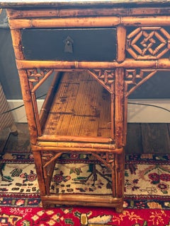 Antique 19th Century Chinese Rattan Desk with Black Lacquer and Bamboo