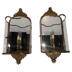 Pair of Very Large Vaughn Brass & Curved Plexiglass Wall Lanterns